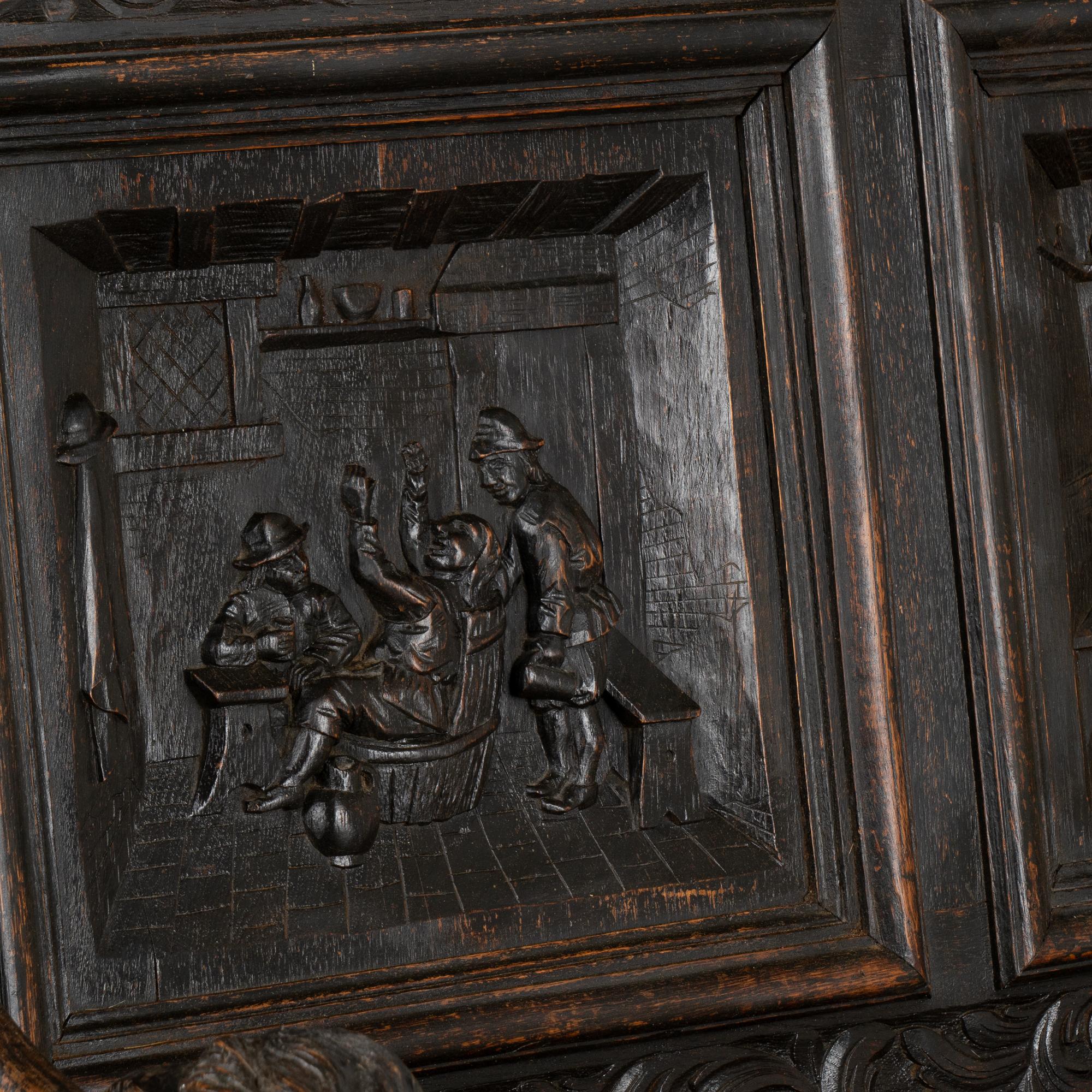 19th Century Heavily Carved Oak High Back Bench with Storage, Denmark circa 1870-1900