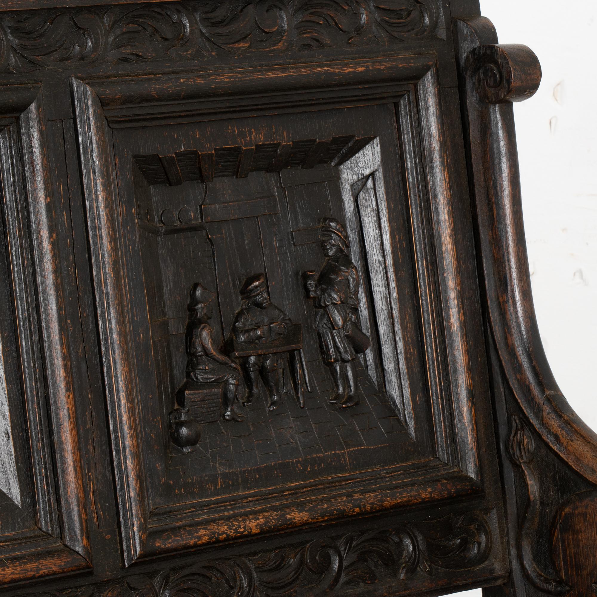 Heavily Carved Oak High Back Bench with Storage, Denmark circa 1870-1900 1