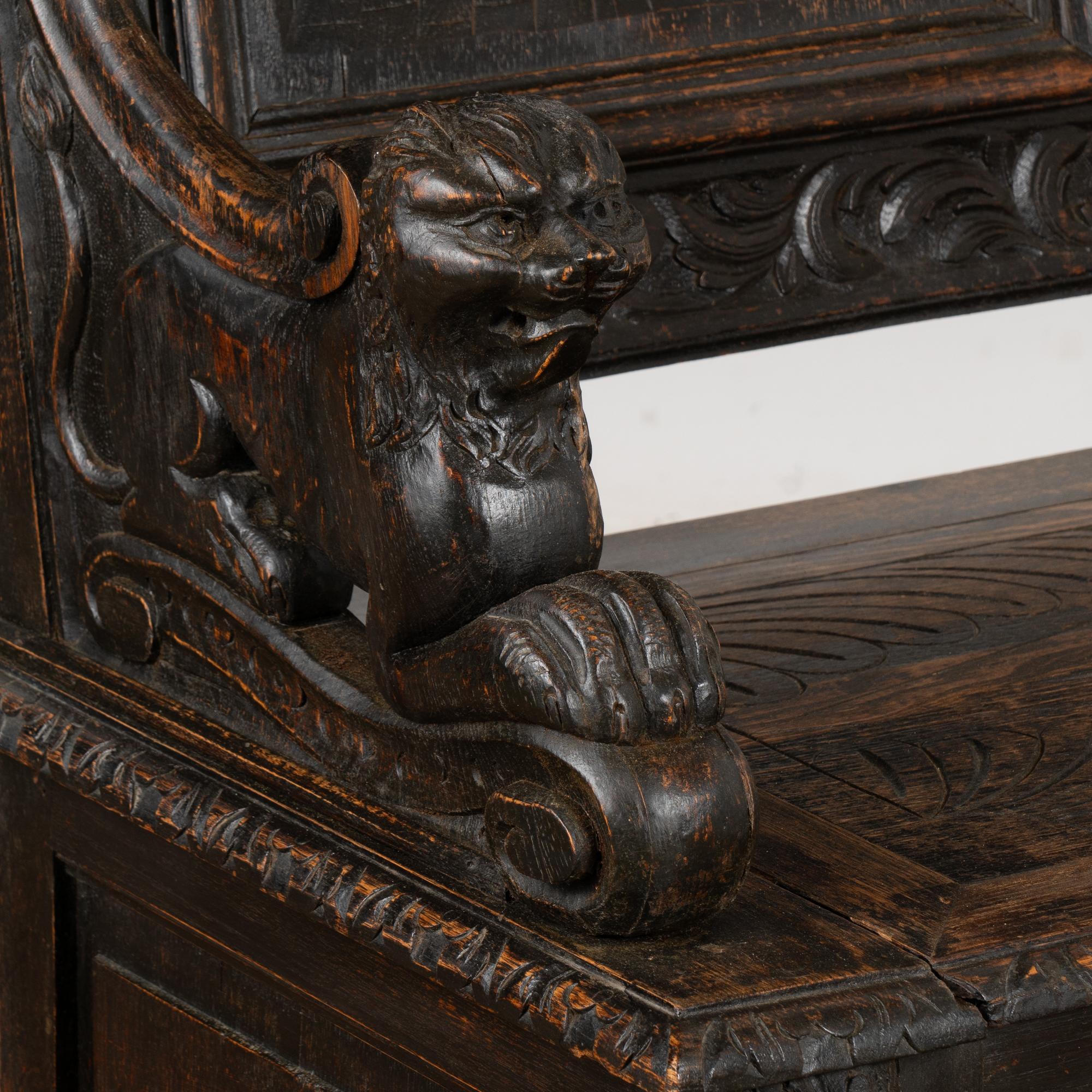 Heavily Carved Oak High Back Bench with Storage, Denmark circa 1870-1900 2