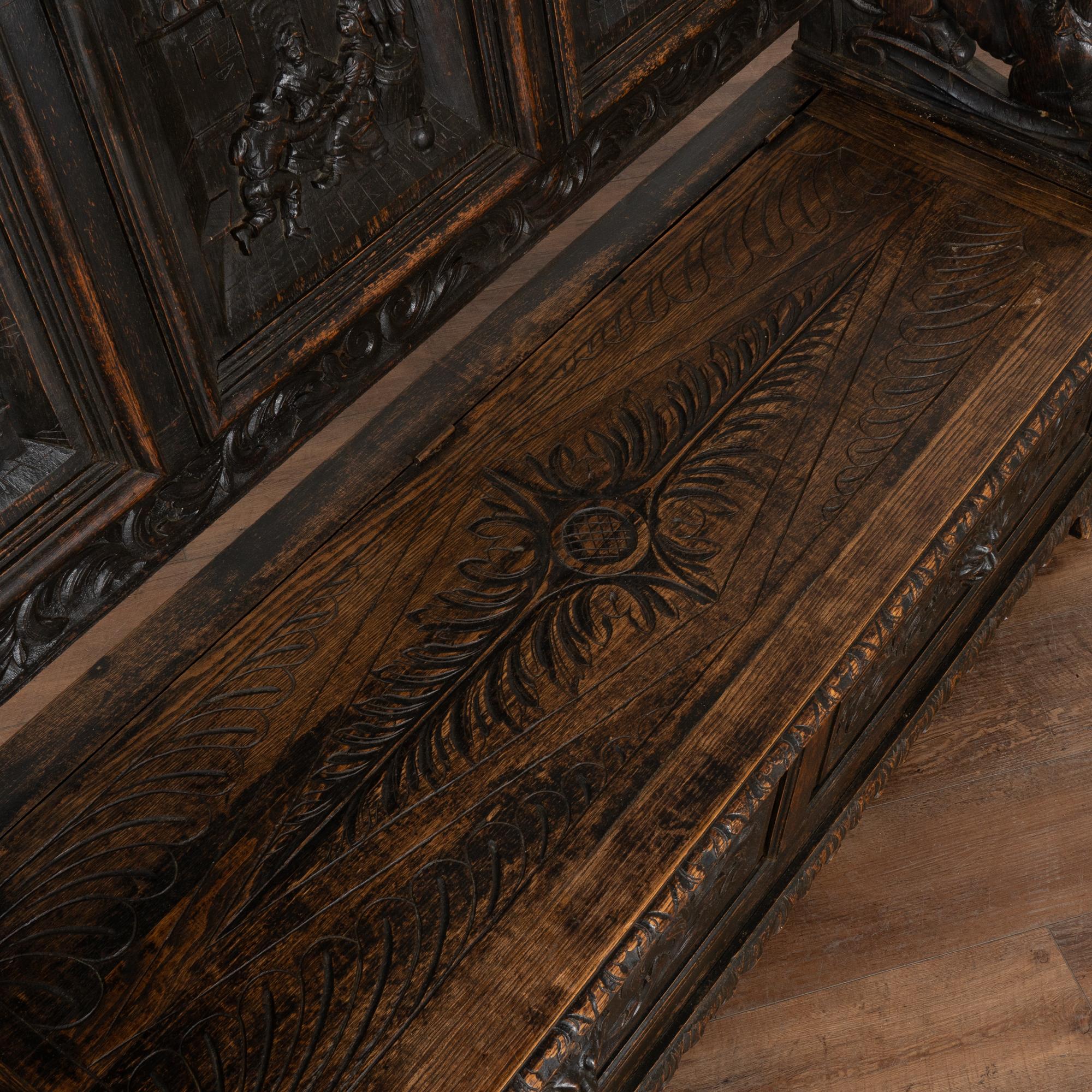 Heavily Carved Oak High Back Bench with Storage, Denmark circa 1870-1900 3