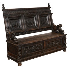 Antique Heavily Carved Oak High Back Bench with Storage, Denmark circa 1870-1900