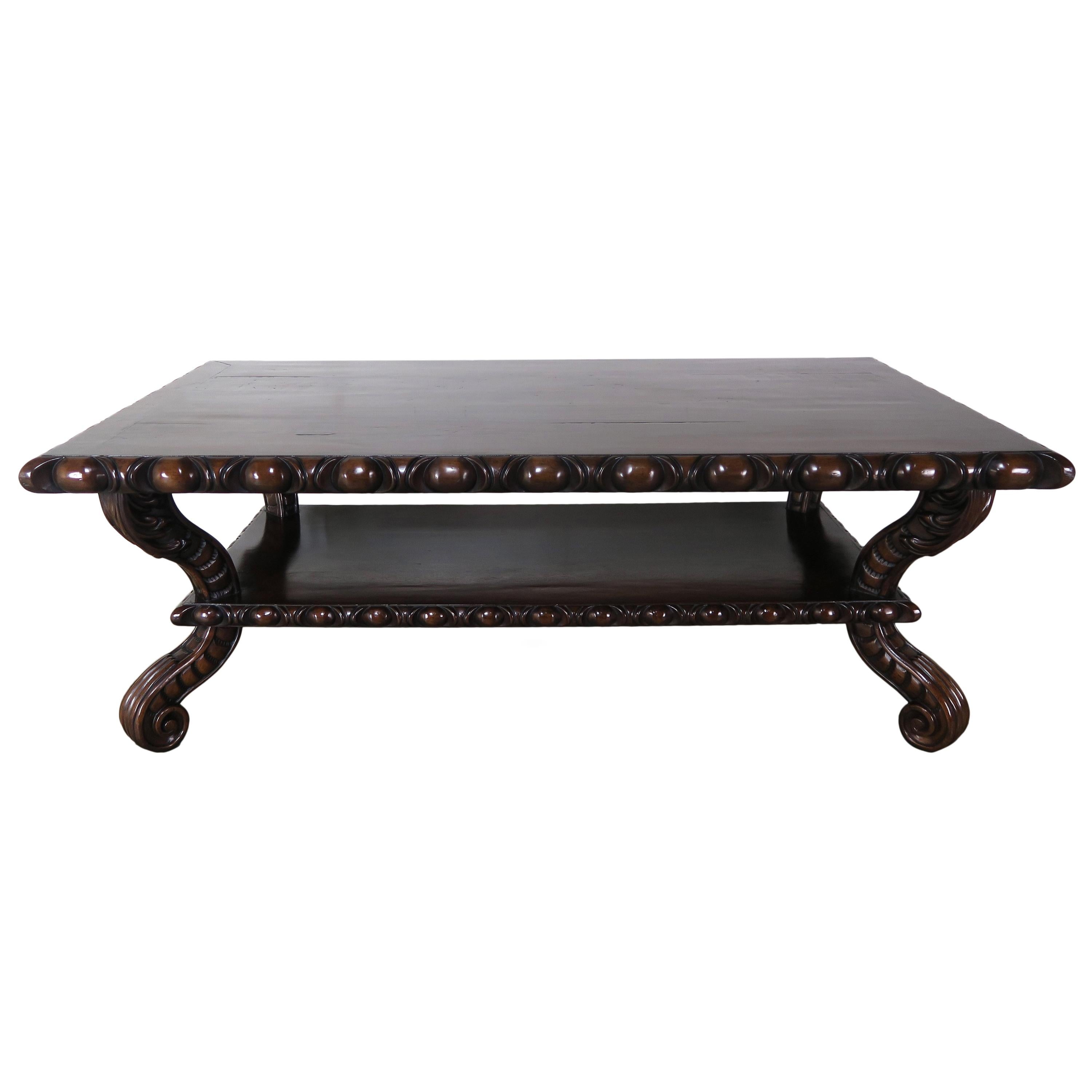 Heavily Carved Rectangular Shaped Walnut Coffee Table