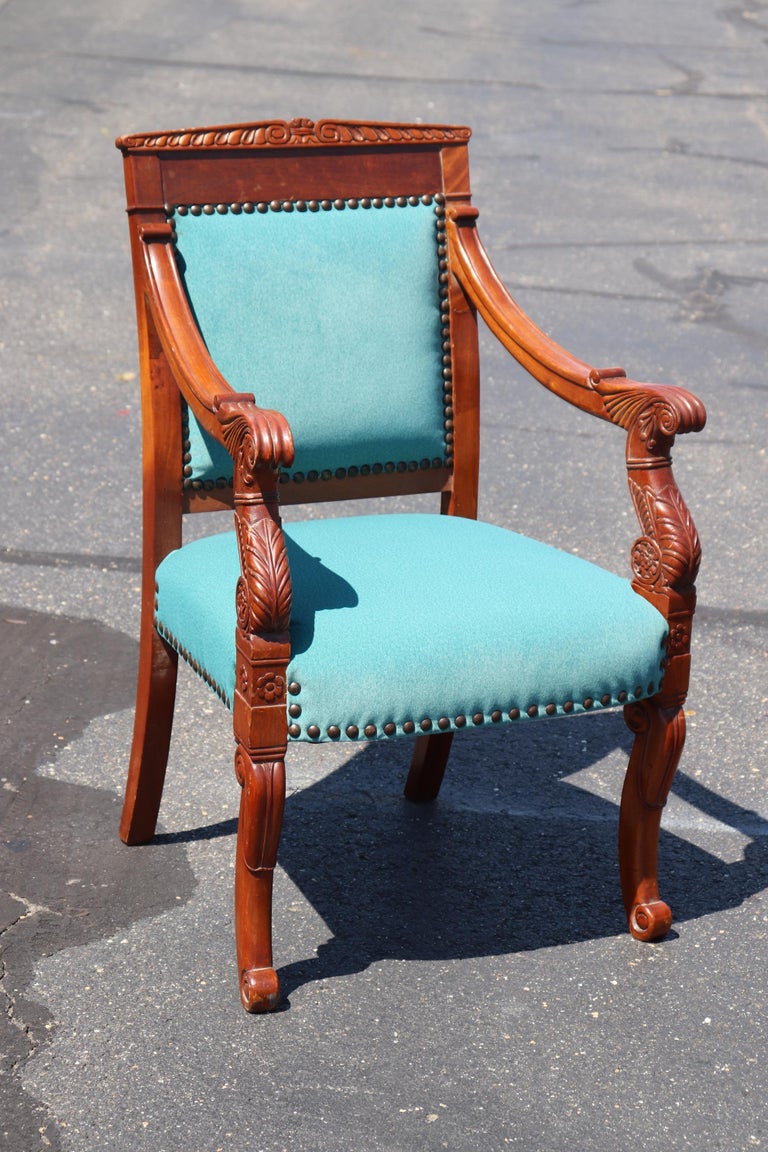Heavily Carved Solid Walnut Velvet Armchairs For Sale at 1stDibs