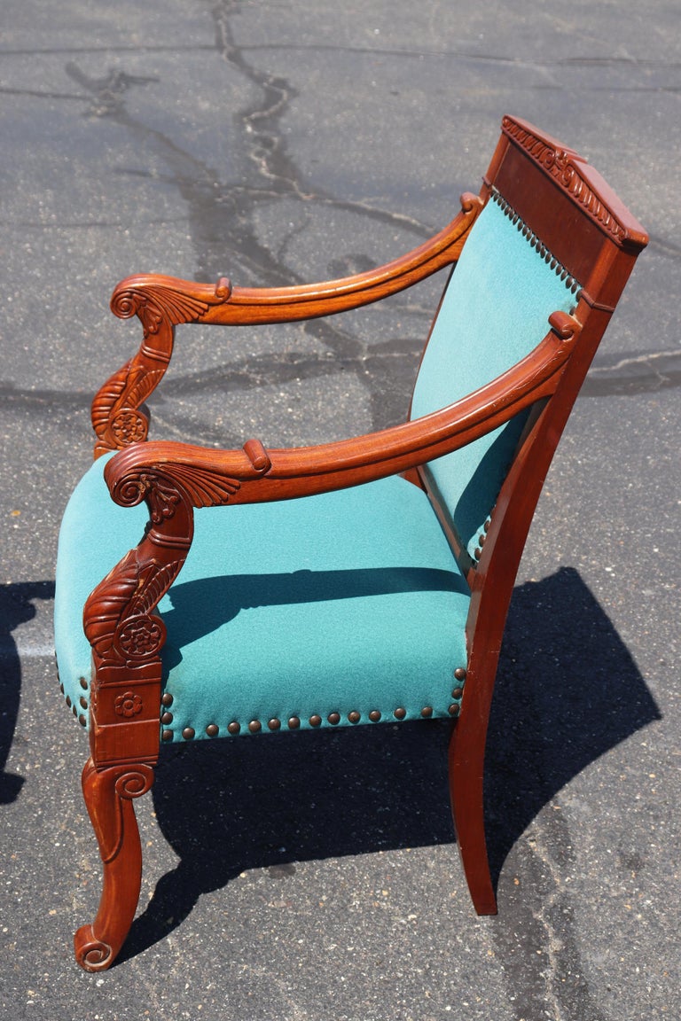 Heavily Carved Solid Walnut Velvet Armchairs For Sale at 1stDibs