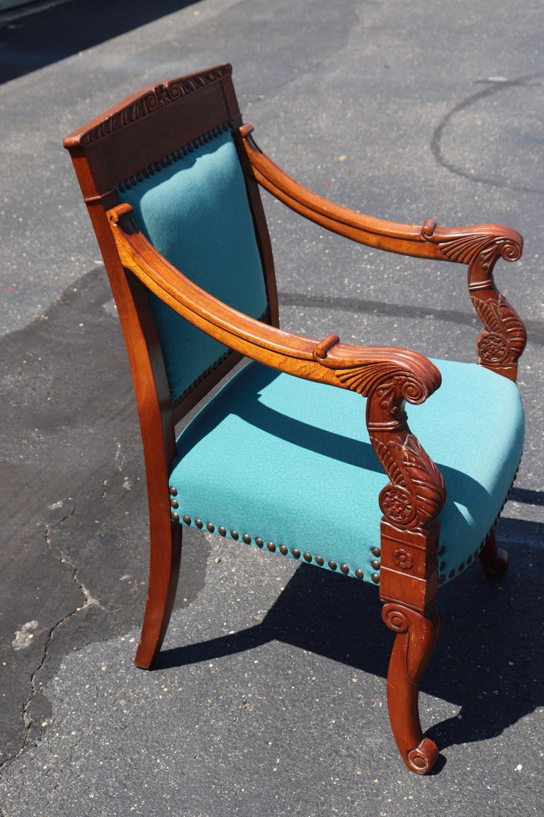 Heavily Carved Solid Walnut Velvet Armchairs For Sale at 1stDibs