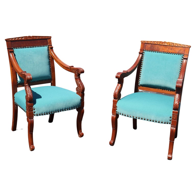 Heavily Carved Solid Walnut Velvet Armchairs For Sale at 1stDibs