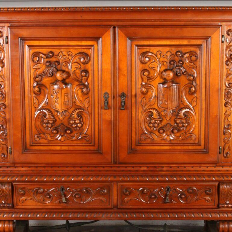 Wrought Iron Heavily Carved Spanish Sideboard For Sale
