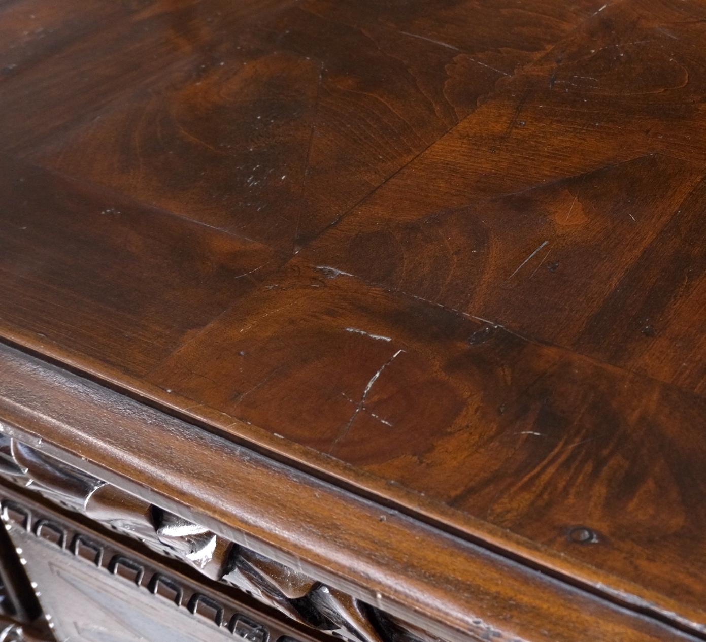 Lacquered Heavily Carved Spanish Style 4 Drawers Commode Chest of Drawers Dresser Cabinet For Sale