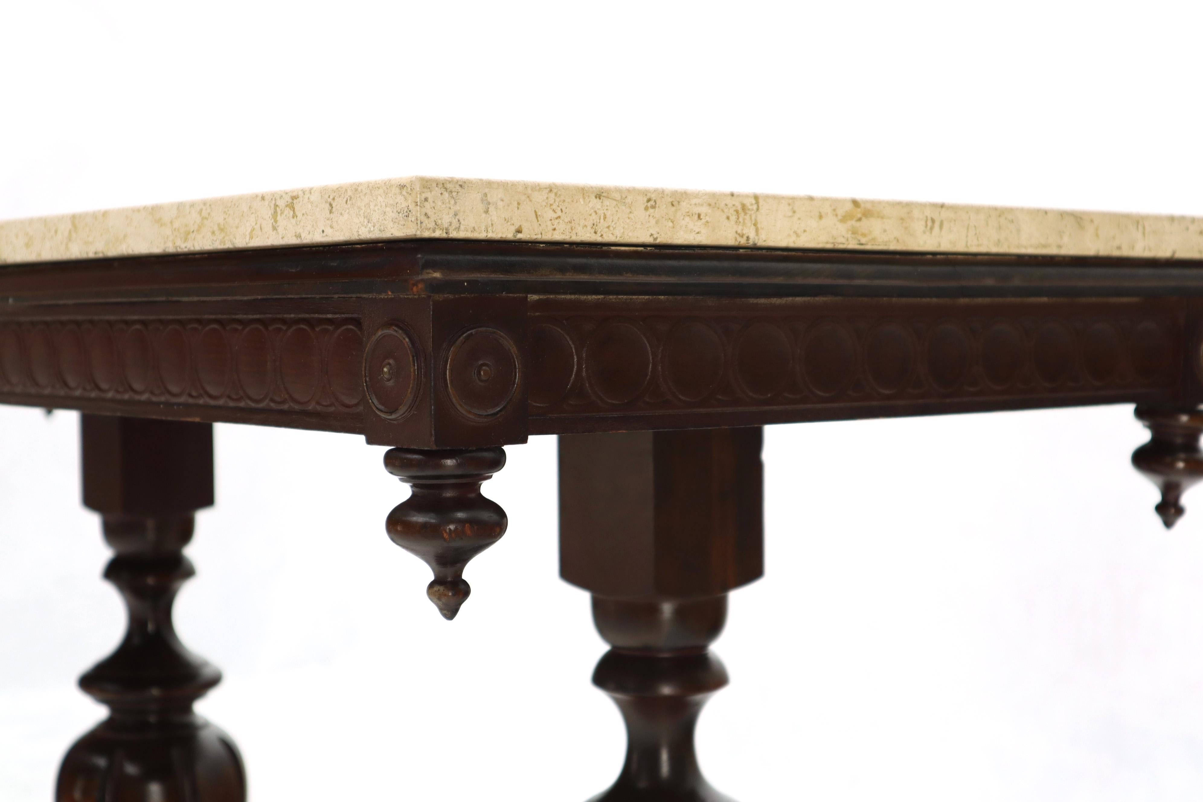 Heavily Carved Walnut Gothic Console Library Table with Travertine Top 2