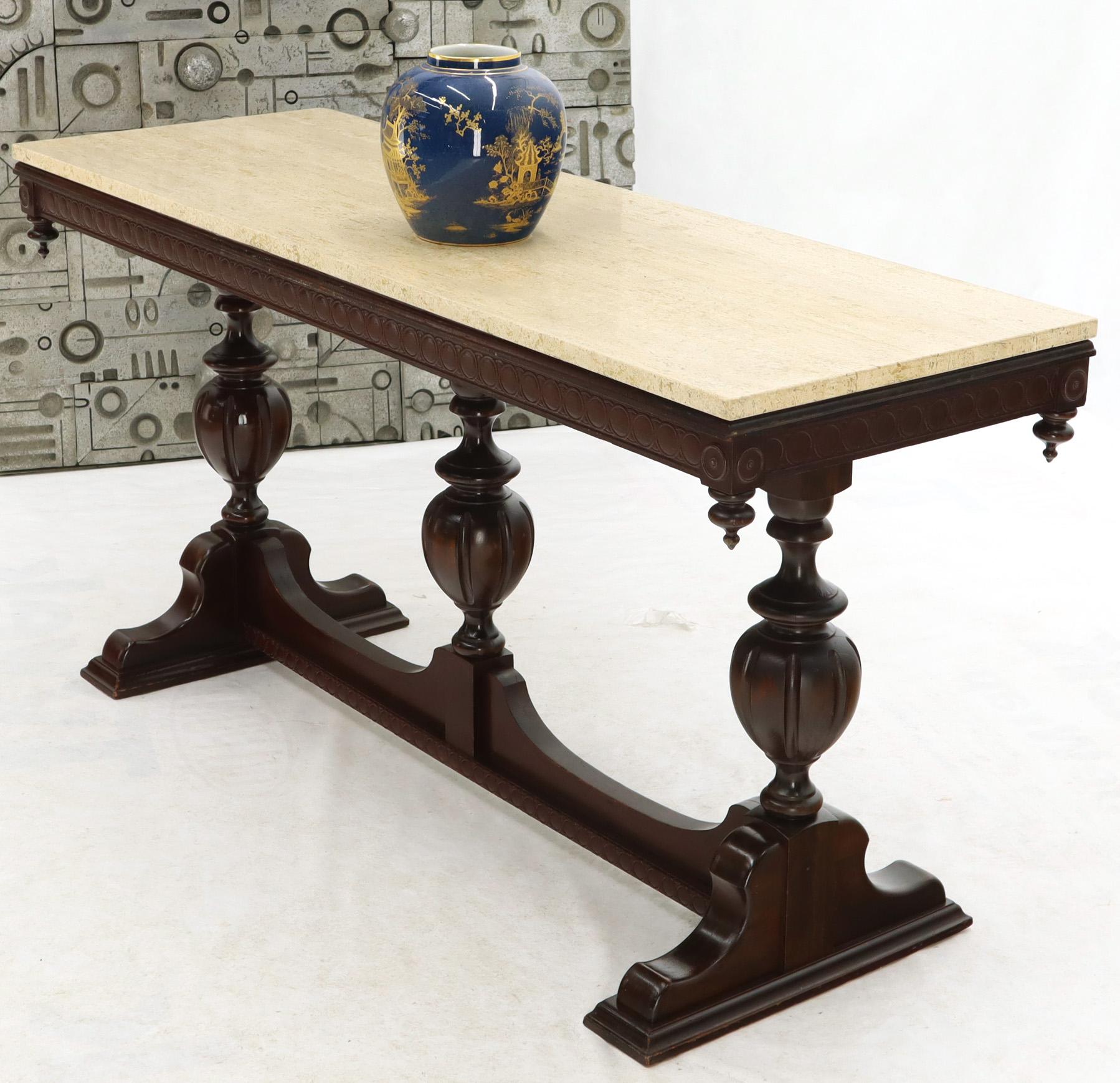 Heavily Carved Walnut Gothic Console Library Table with Travertine Top 4