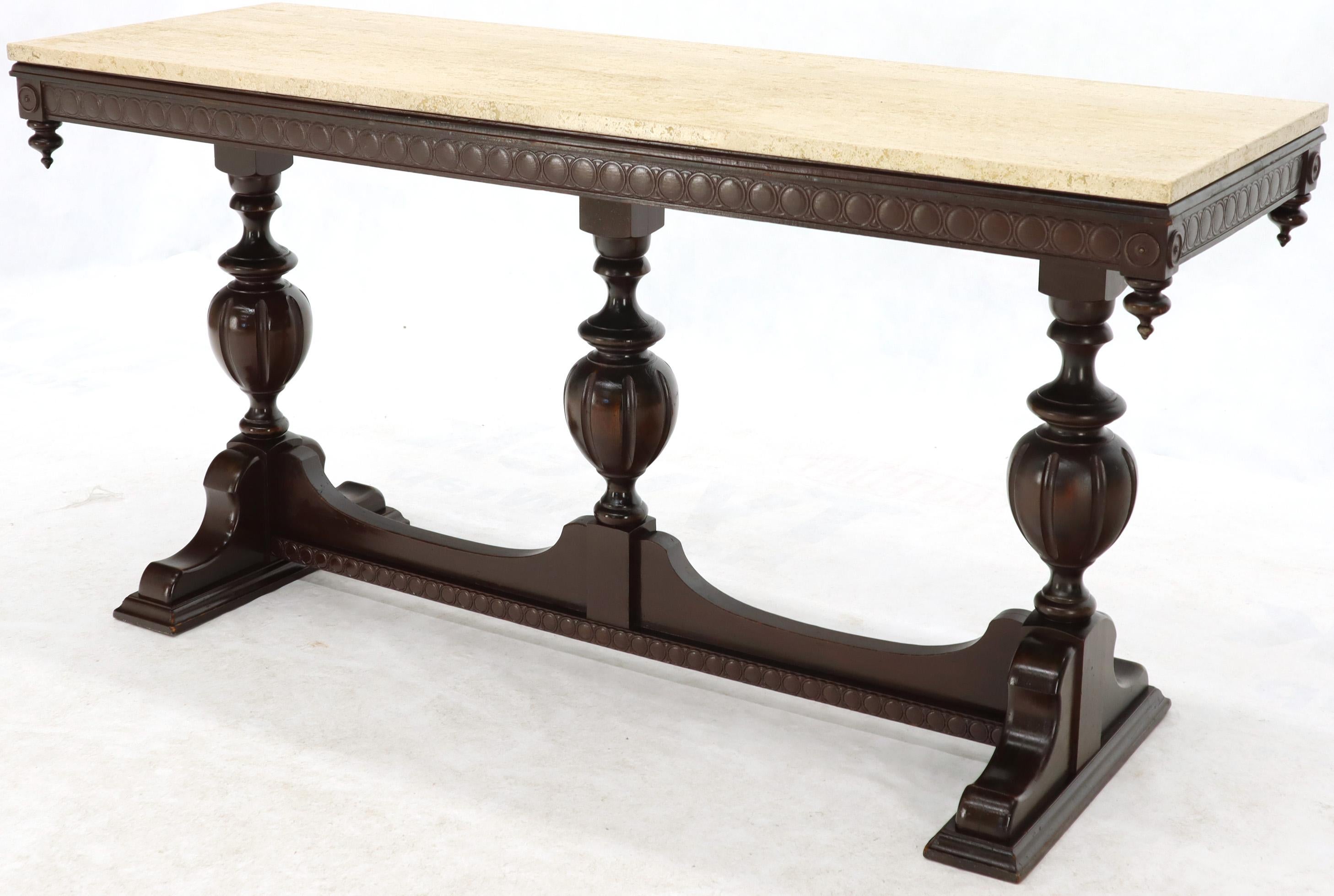 Gothic Jacobean console sofa library table with travertine top good original vintage condition.