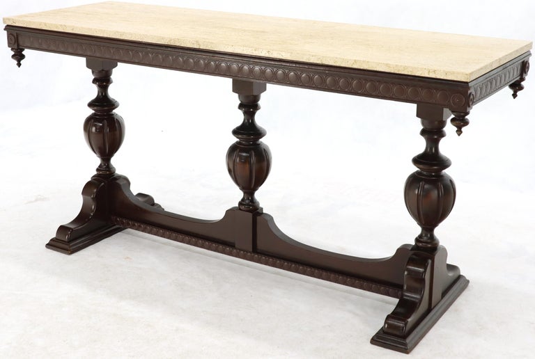 Heavily Carved Walnut Gothic Console Library Table with Travertine Top