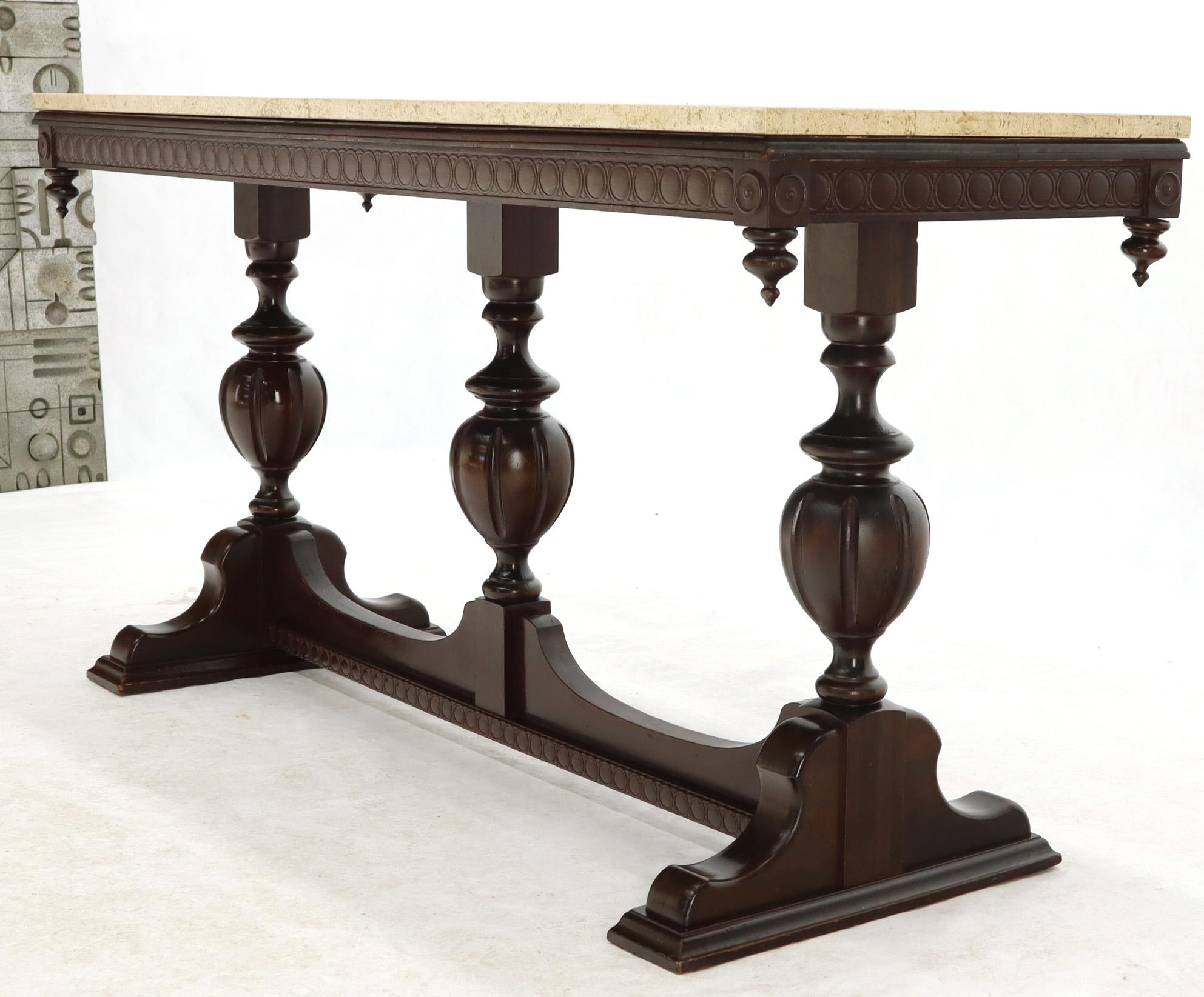 Jacobean Heavily Carved Walnut Gothic Console Library Table with Travertine Top