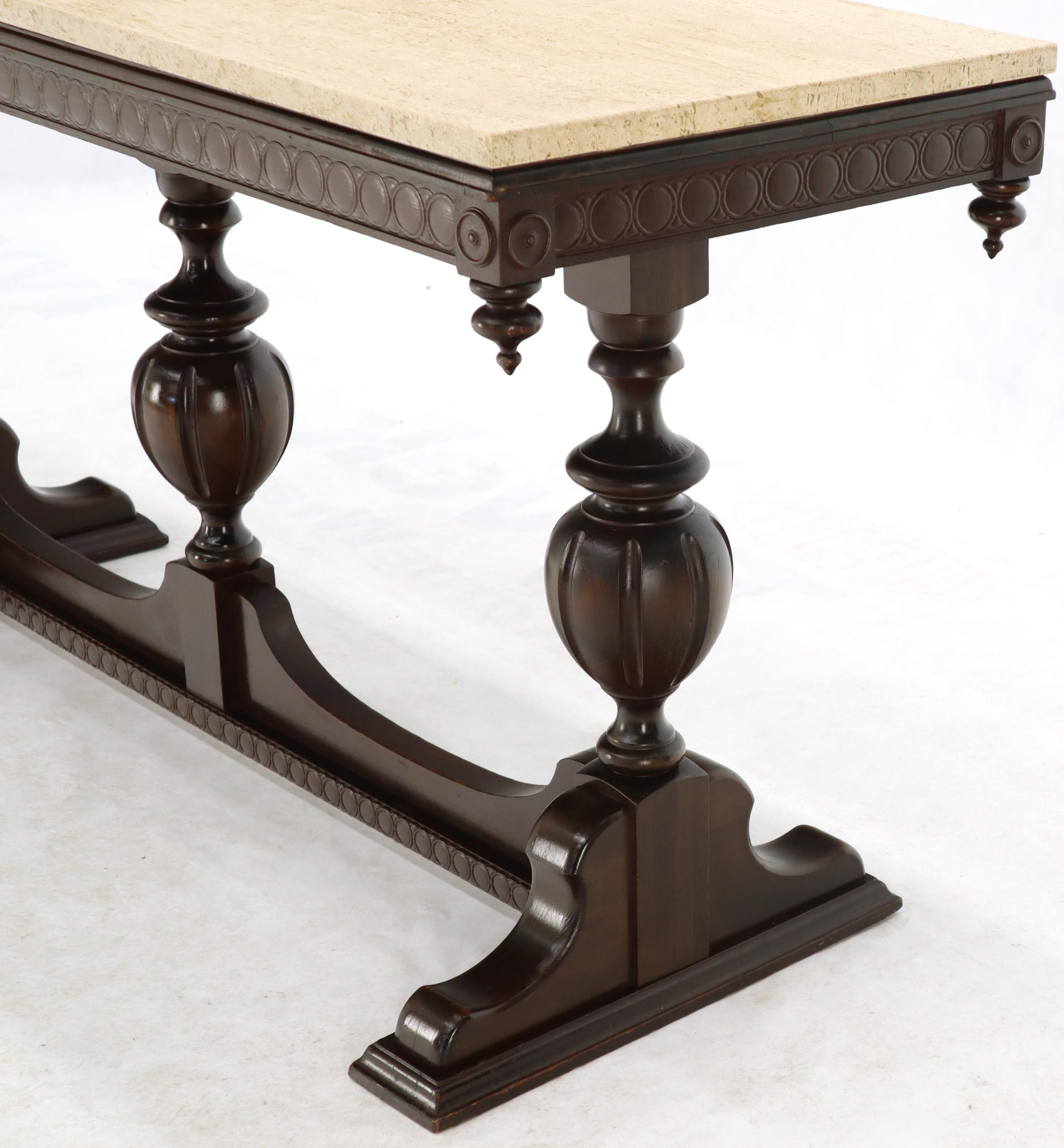 Heavily Carved Walnut Gothic Console Library Table with Travertine Top In Good Condition In Rockaway, NJ