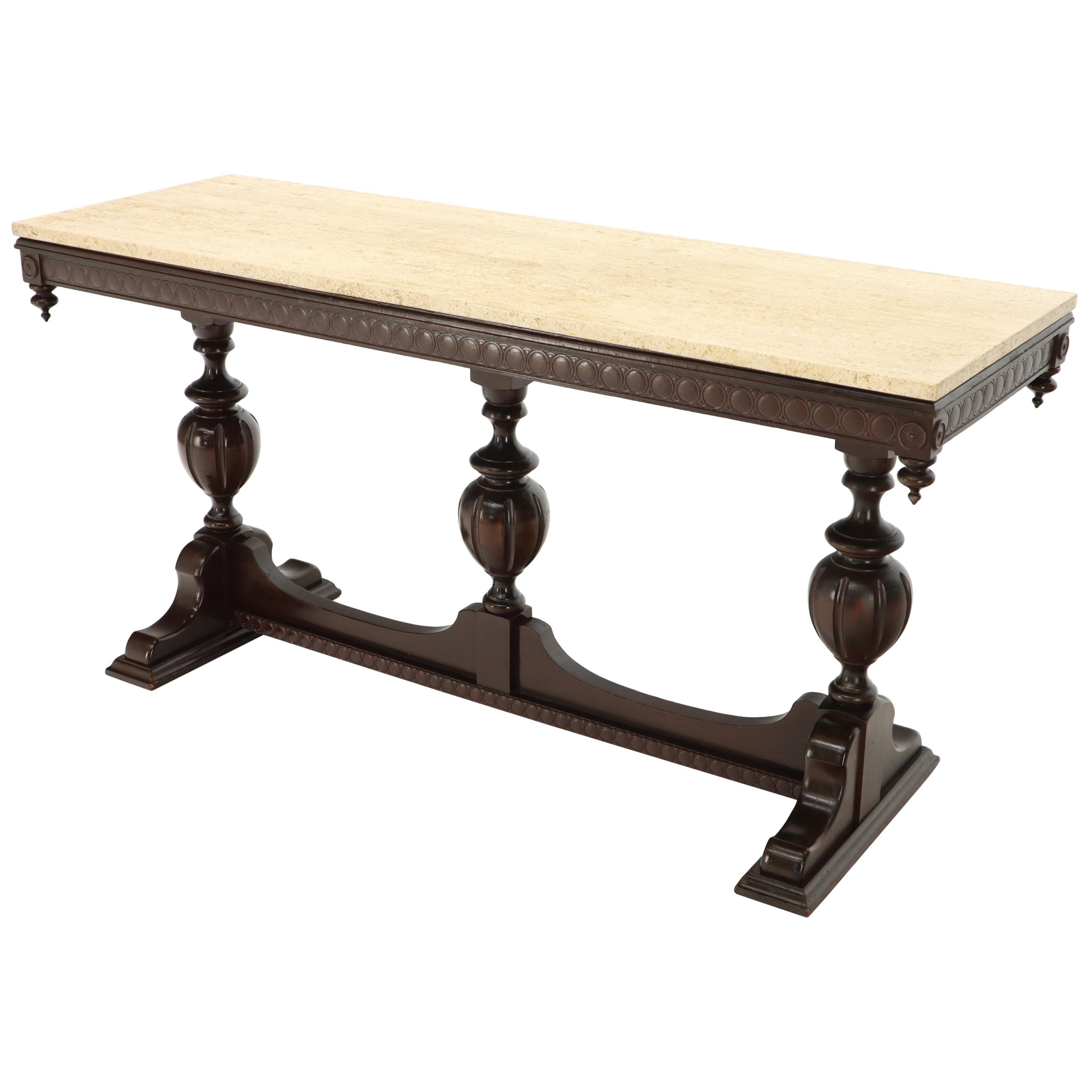 Heavily Carved Walnut Gothic Console Library Table with Travertine Top