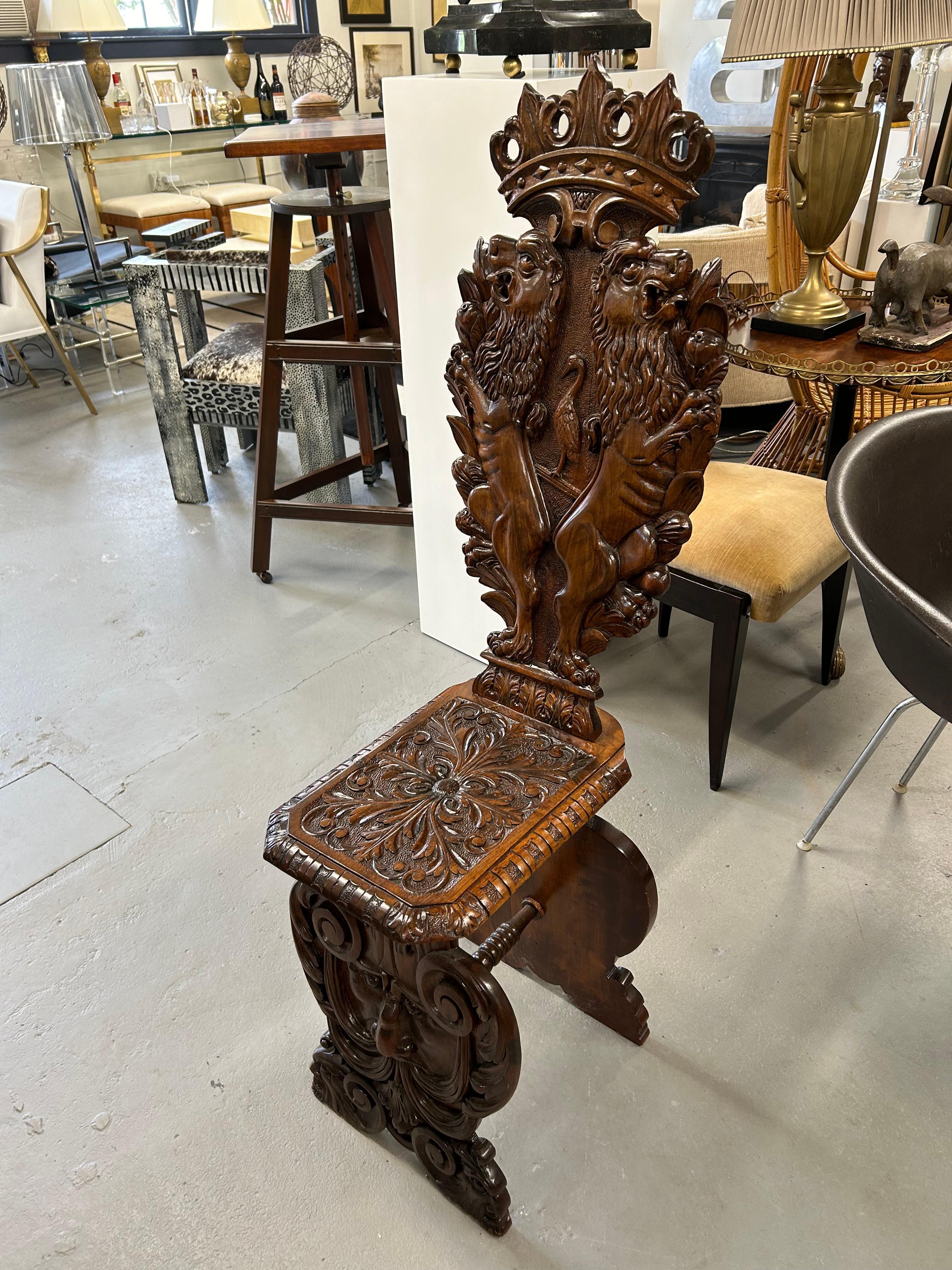 Heavily Carved Walnut Sgabello Hall Chair with Lions For Sale 6
