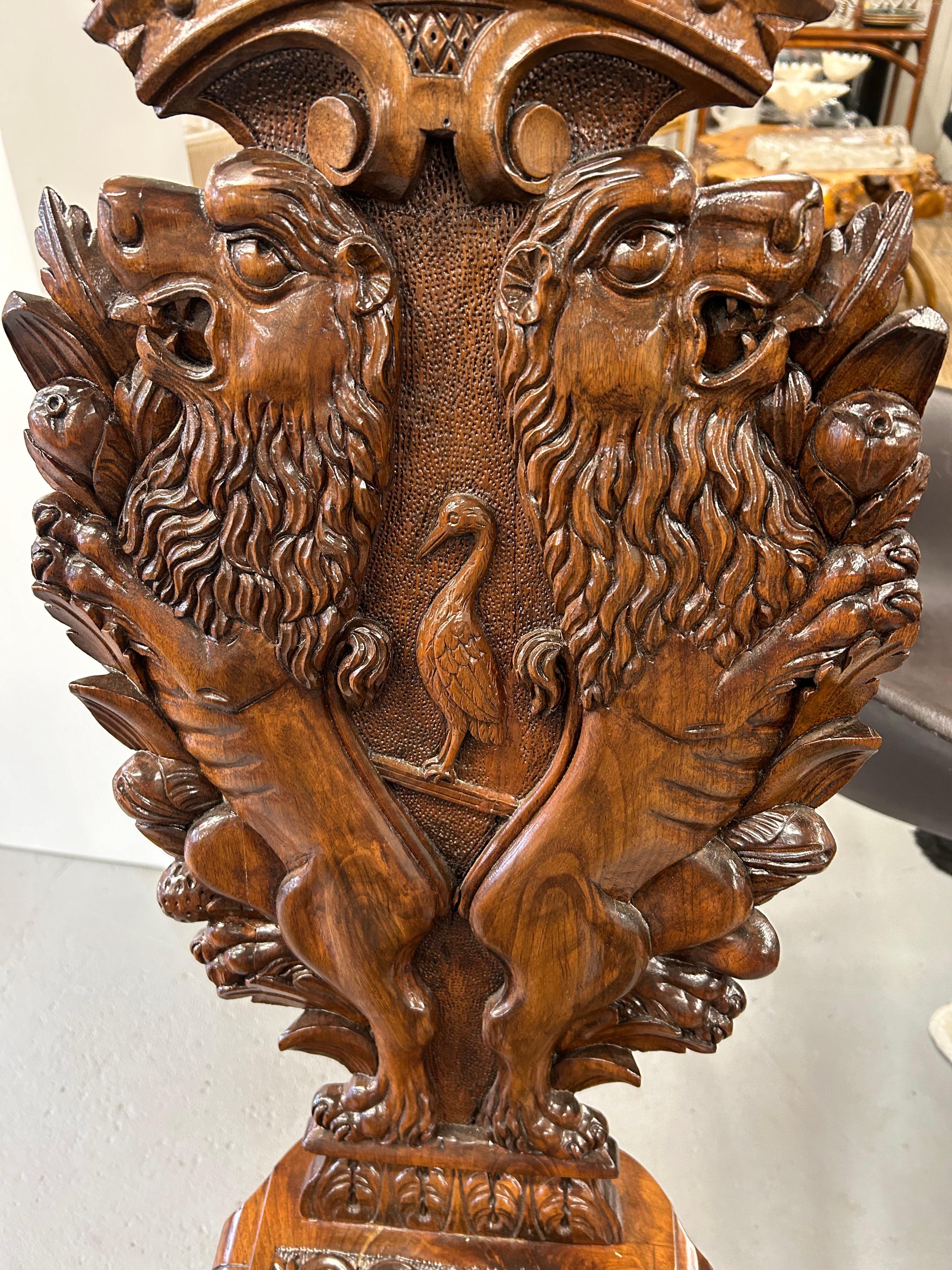 Italian Heavily Carved Walnut Sgabello Hall Chair with Lions For Sale