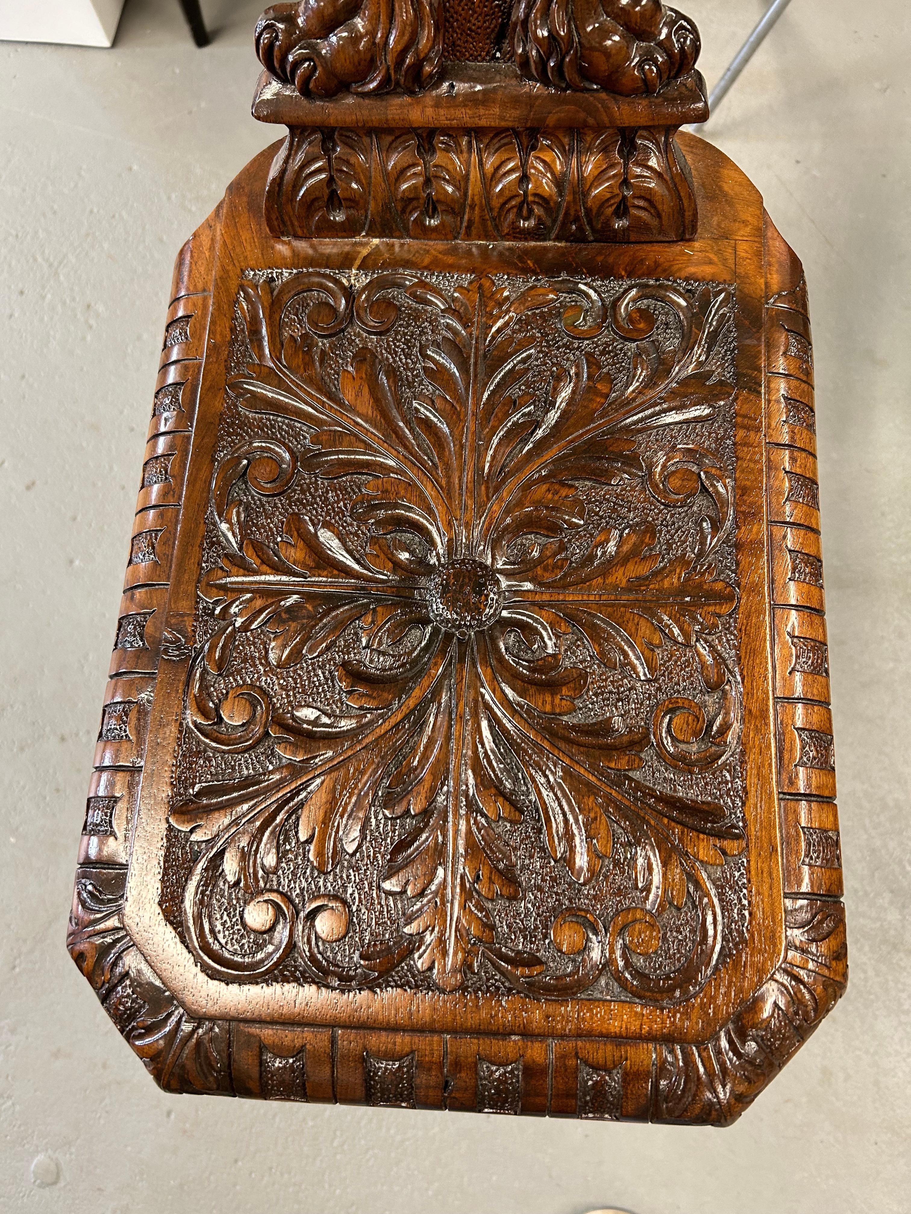 Heavily Carved Walnut Sgabello Hall Chair with Lions For Sale 1