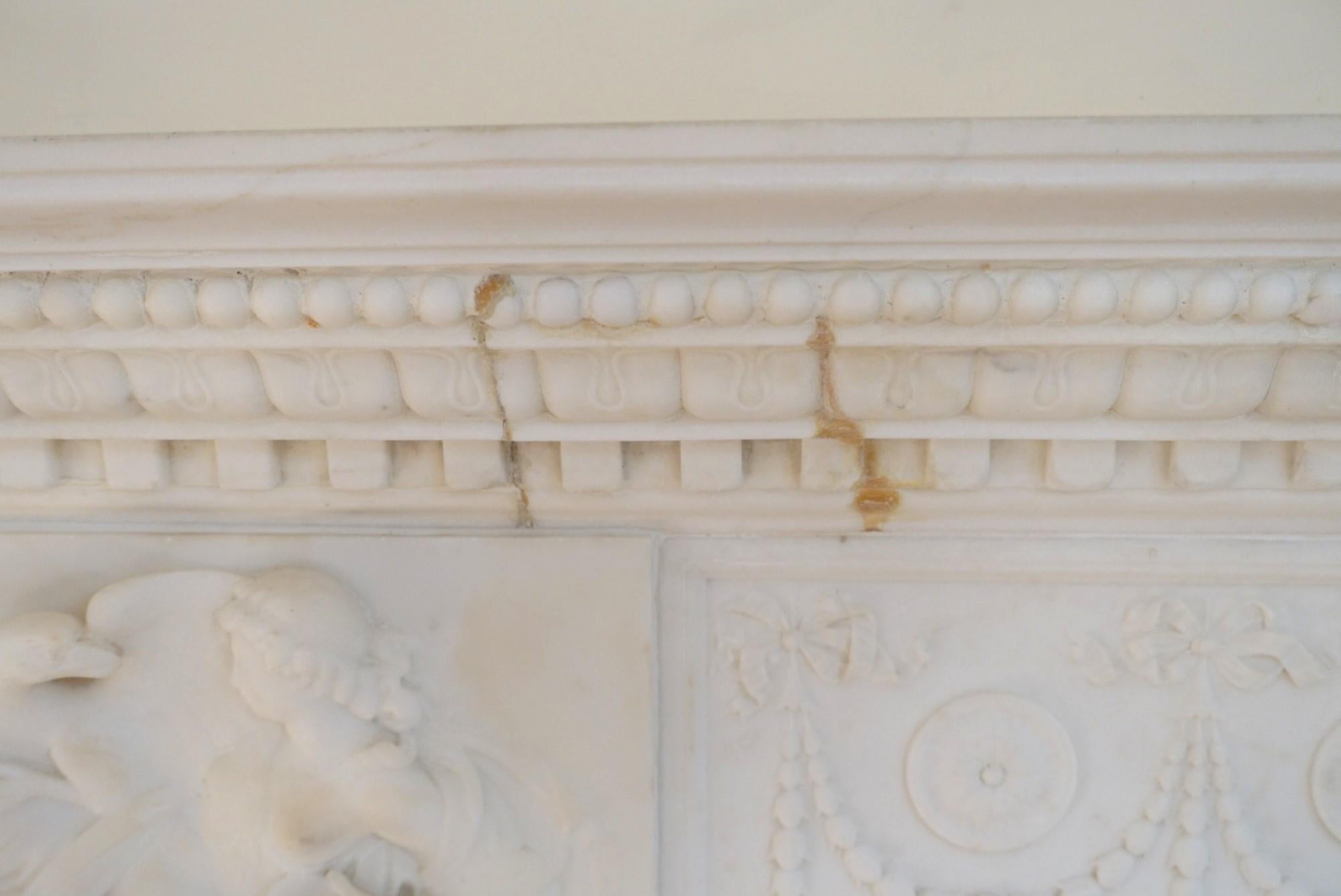 Heavily Carved White Marble Mantel w/ Mythical Story of Leda & the Swan, 1920s  5