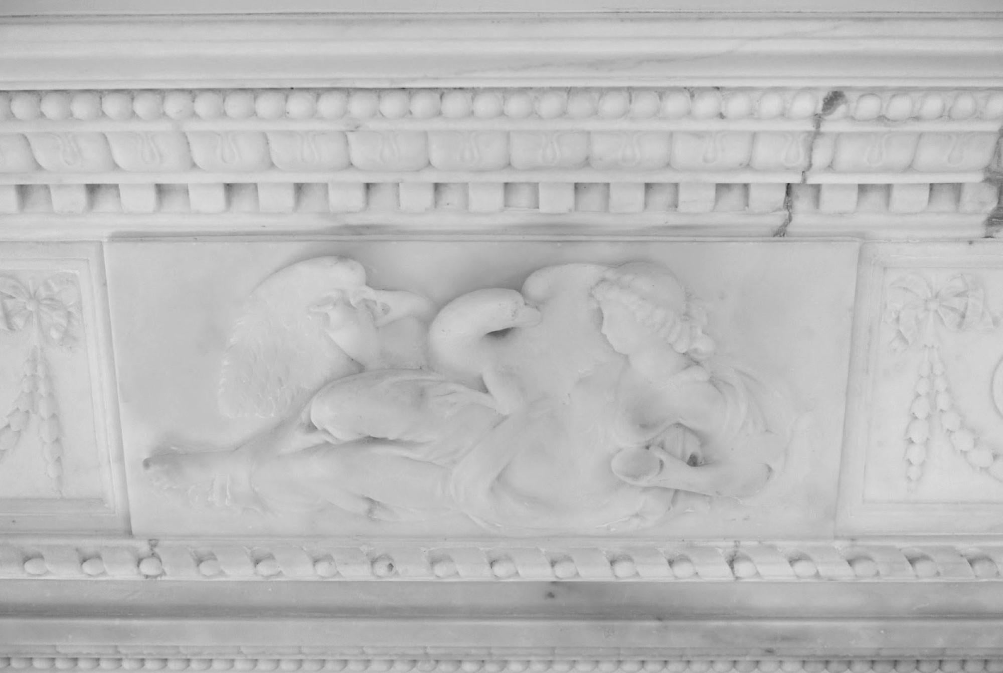 Heavily Carved White Marble Mantel w/ Mythical Story of Leda & the Swan, 1920s  9