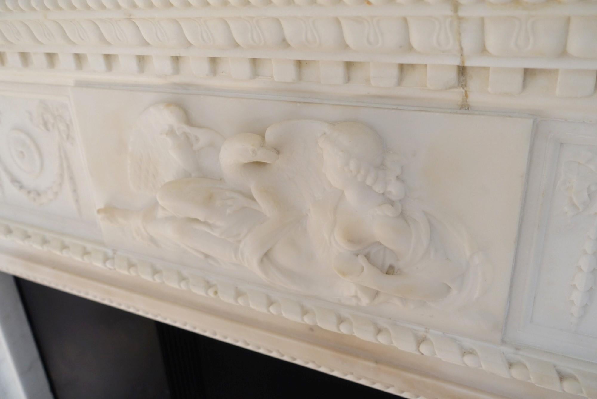 Hand-Carved Heavily Carved White Marble Mantel w/ Mythical Story of Leda & the Swan, 1920s 