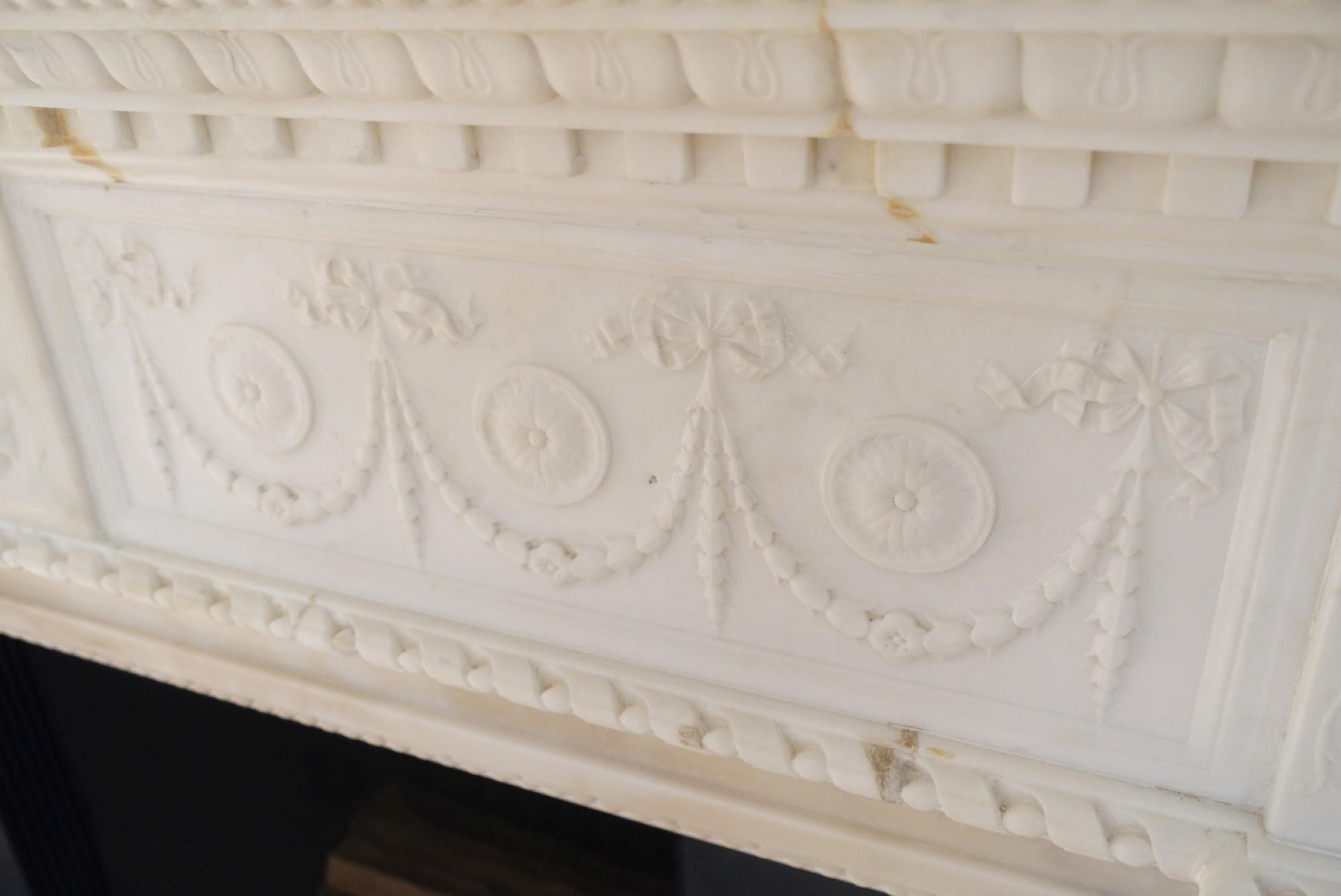 Heavily Carved White Marble Mantel w/ Mythical Story of Leda & the Swan, 1920s  In Good Condition In New York, NY