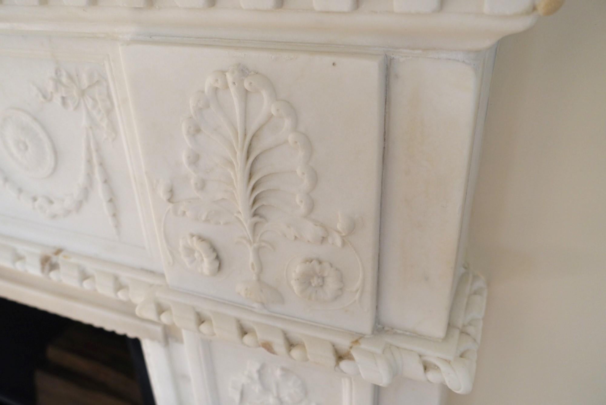 Early 20th Century Heavily Carved White Marble Mantel w/ Mythical Story of Leda & the Swan, 1920s 