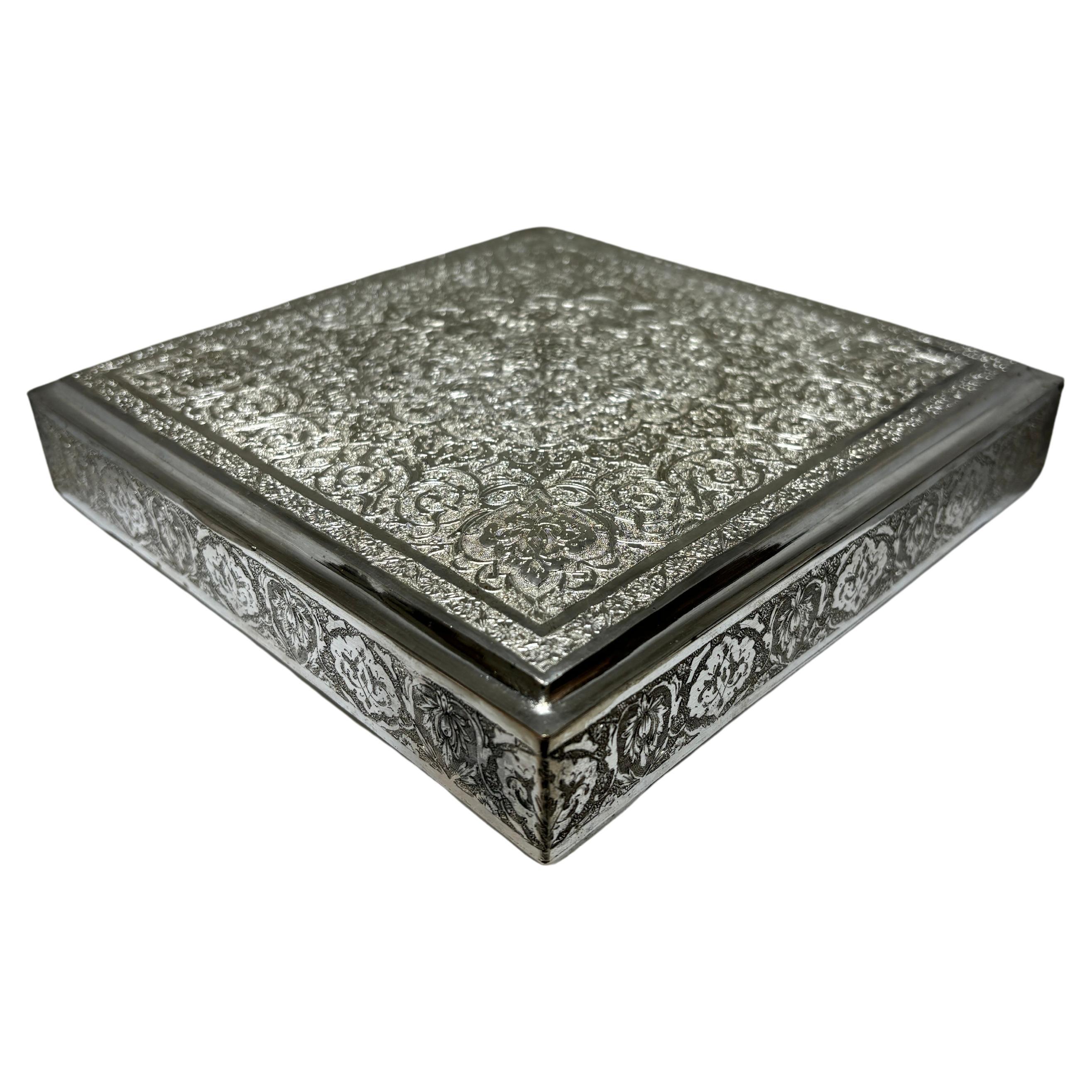 Heavily Decorated Persian Islamic Hand Chased Silver Trinket, Jewelry Box For Sale