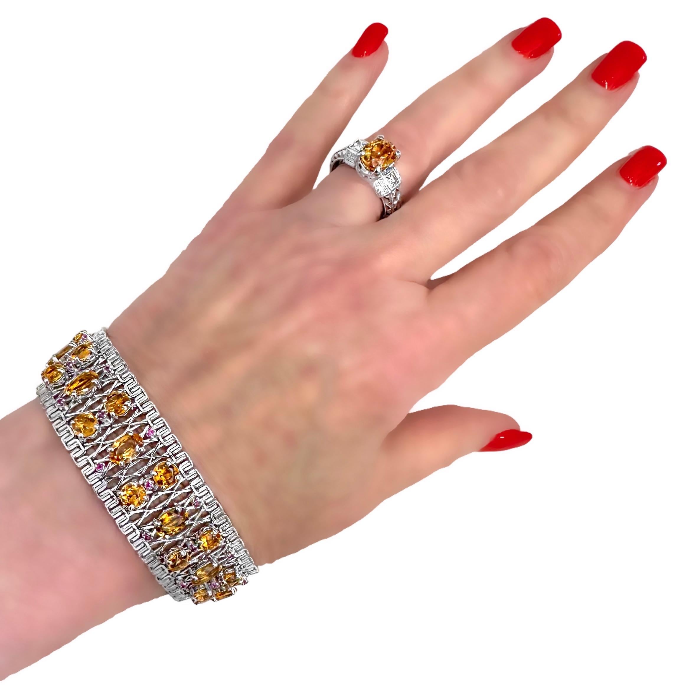 Schwer gravierter Ring aus 18 Karat Weißgold im antikenen Stil mit Goldtopas und Diamanten im antiken Stil im Angebot 11