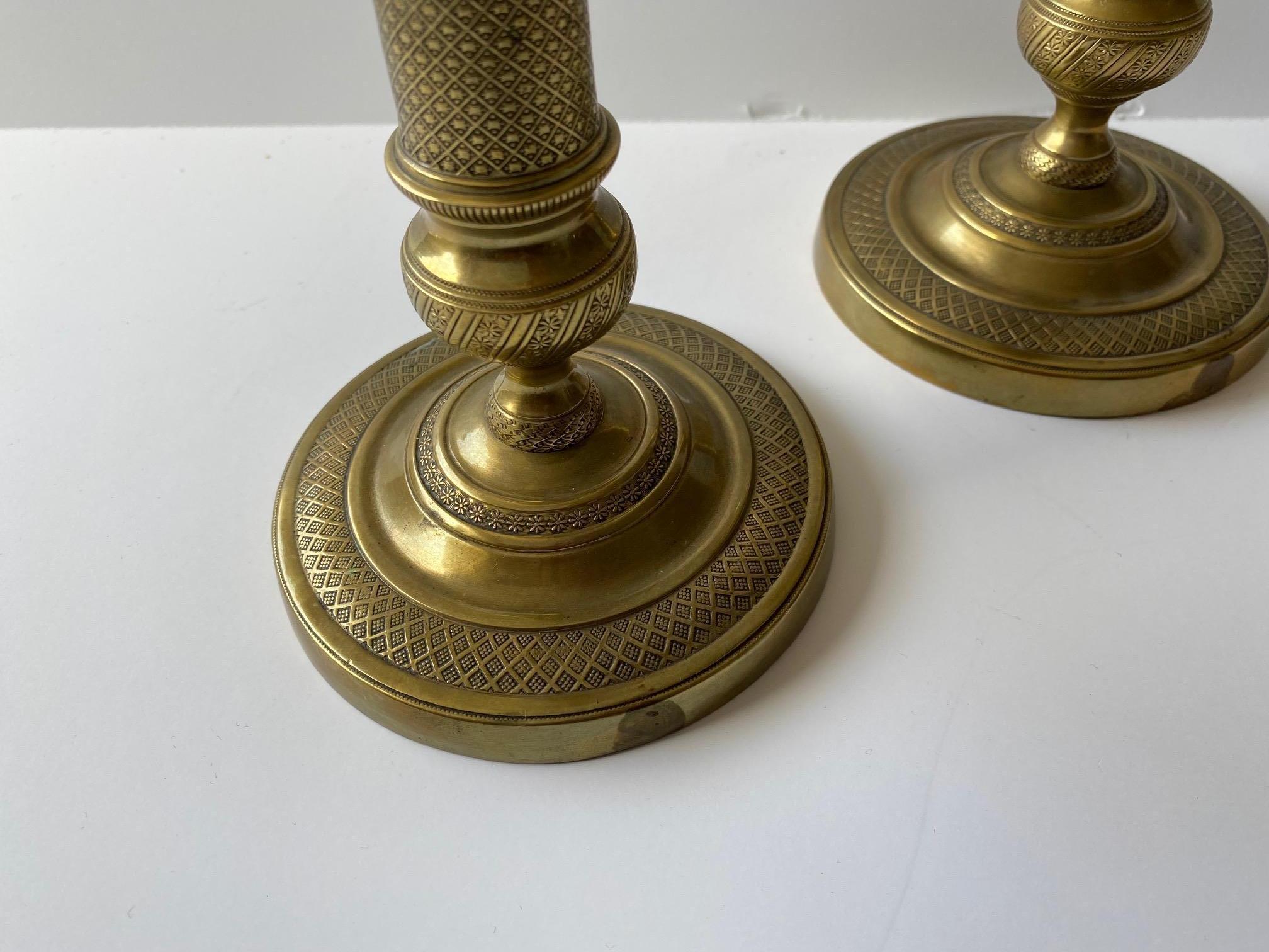 Late 19th Century Heavily Engraved Brass English Candlesticks Set of 2 For Sale