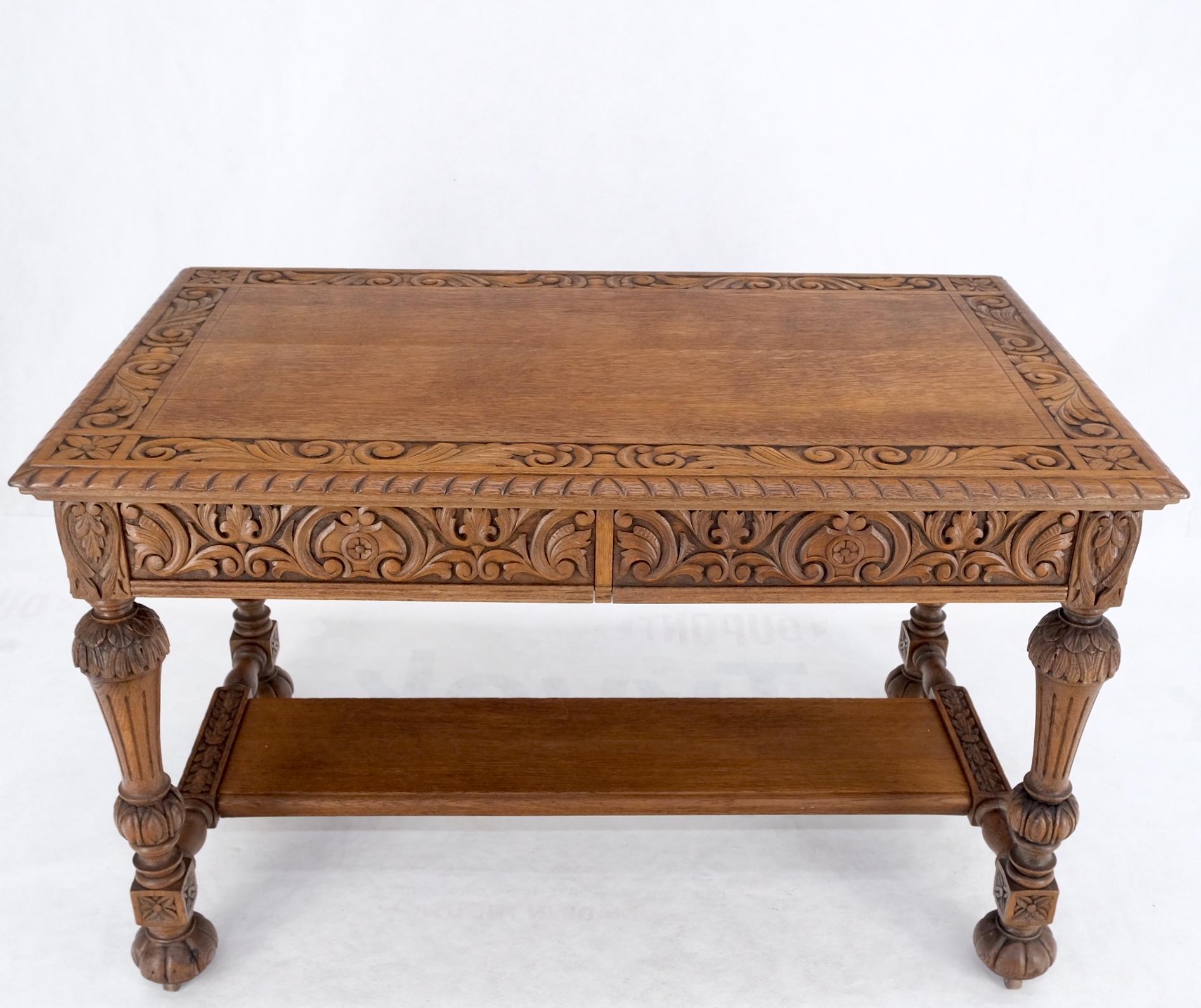 Heavily Fine Carved Oak Small Partners Desk Console Writing Table Mint For Sale 8