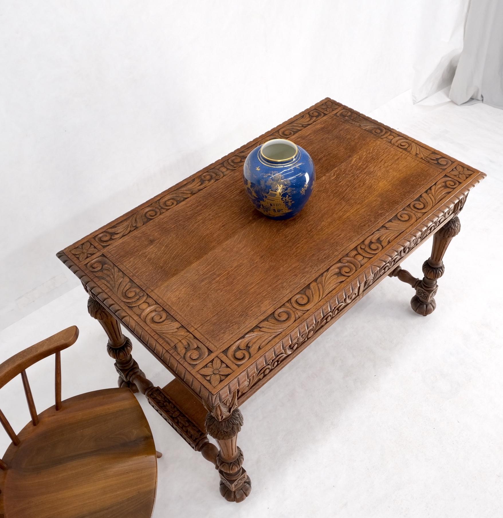 Heavily Fine Carved Oak Small Partners Desk Console Writing Table Mint For Sale 11