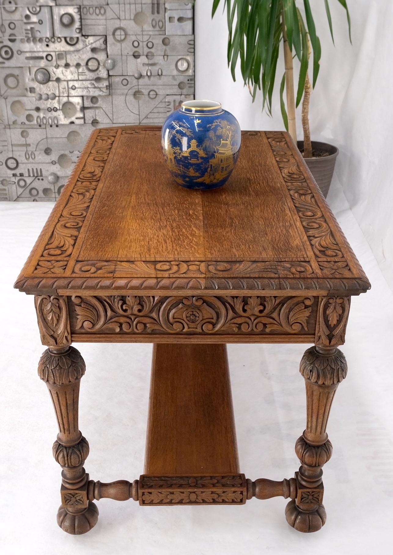 Heavily Fine Carved Oak Small Partners Desk Console Writing Table Mint For Sale 12
