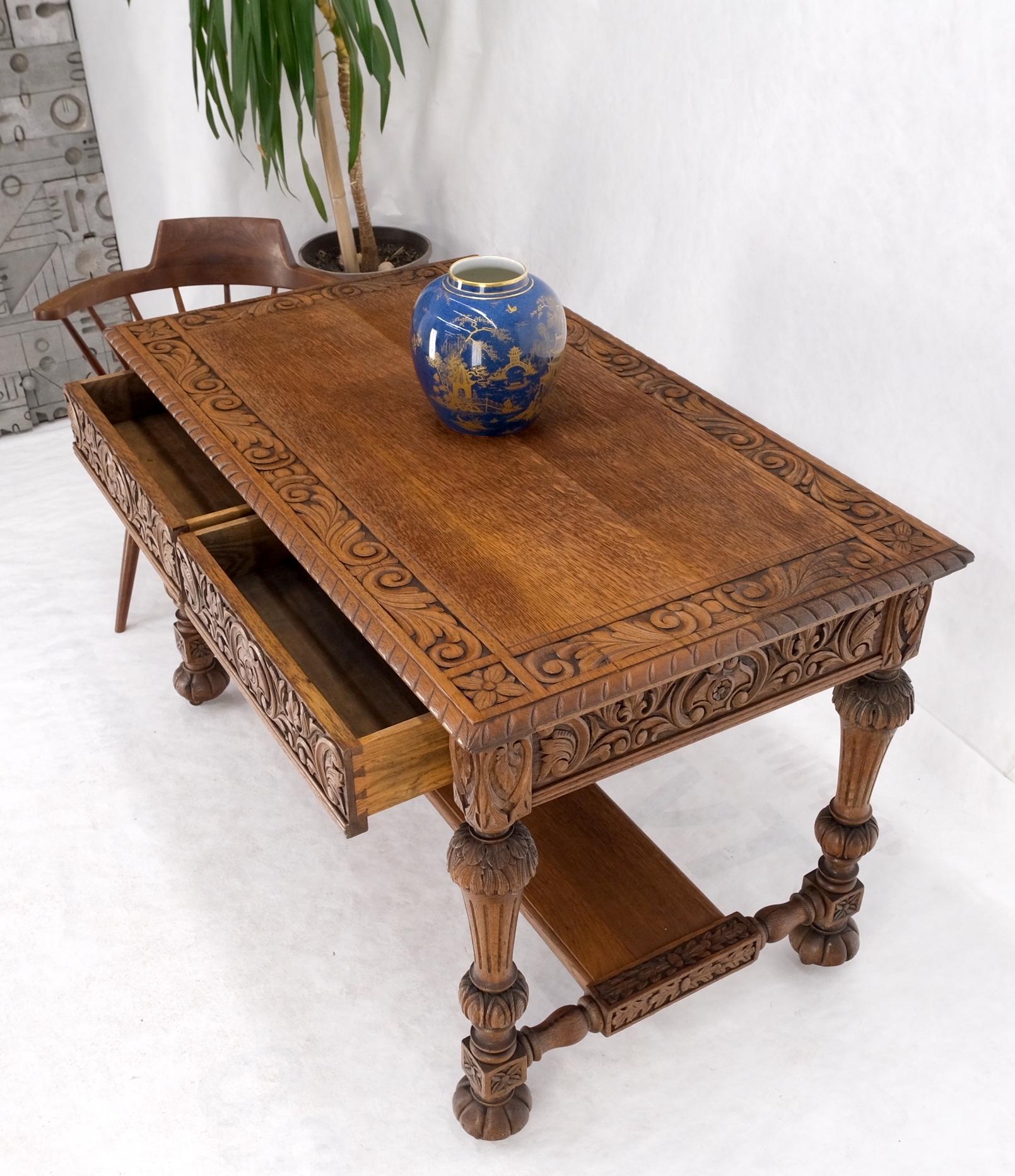Heavily Fine Carved Oak Small Partners Desk Console Writing Table Mint For Sale 13