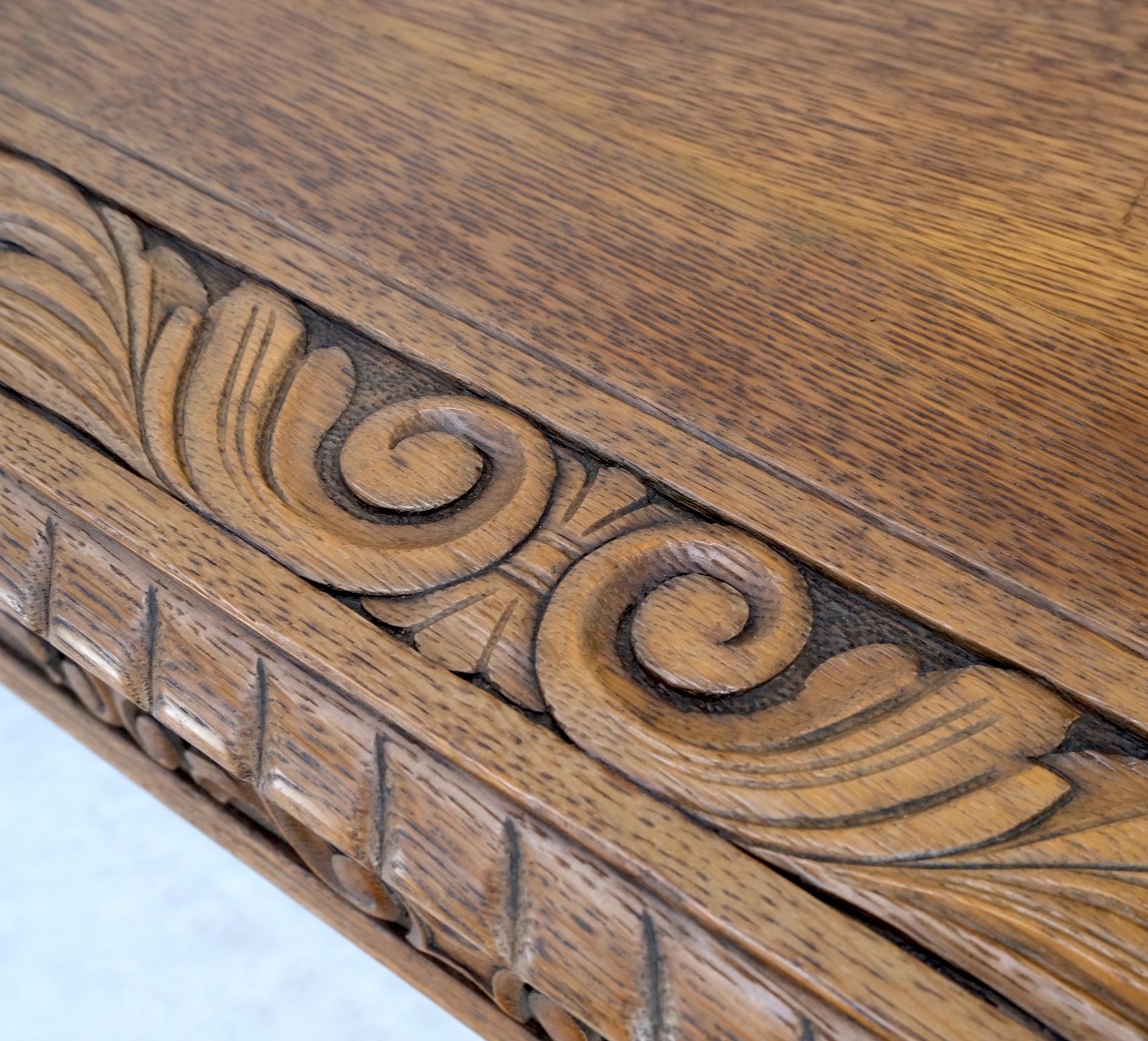 American Heavily Fine Carved Oak Small Partners Desk Console Writing Table Mint For Sale