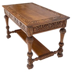 Vintage Heavily Fine Carved Oak Small Partners Desk Console Writing Table Mint