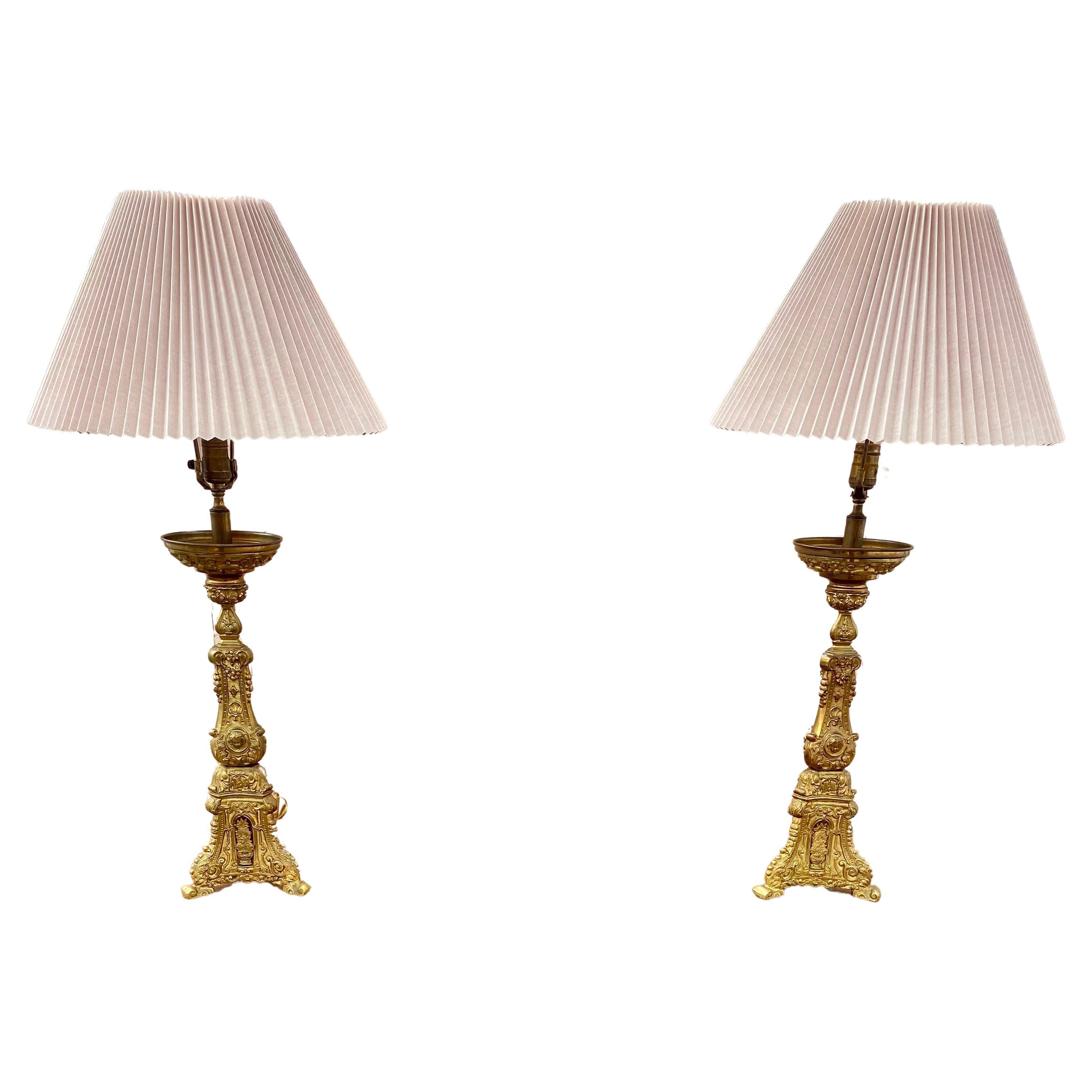 Heavily Gilted Bronze Figurative Candlestick Lamps, Set of 2 For Sale