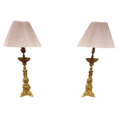 Antique Heavily Gilted Bronze Figurative Candlestick Lamps, Set of 2