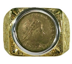 Heavily Hand Engraved 18k Yellow Gold Gents Ancient Coin Ring