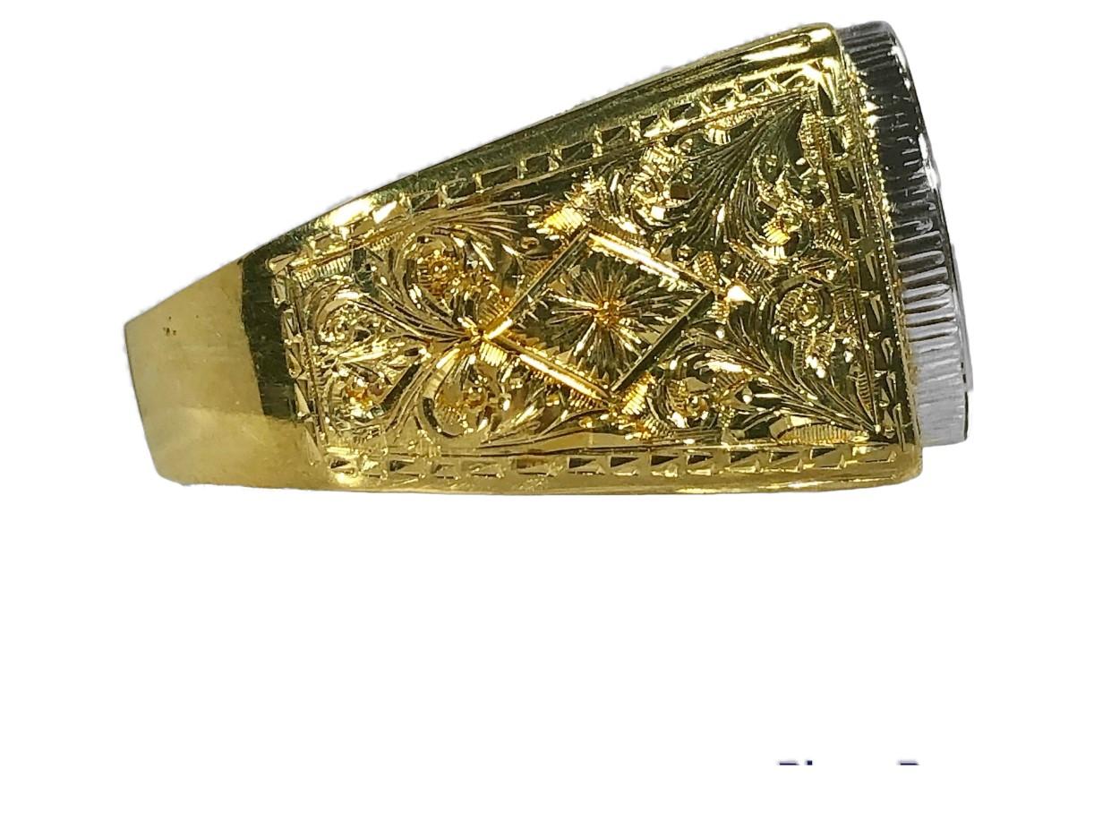 Heavily Hand Engraved 18k Yellow Gold Gents Ancient Coin Ring In Good Condition In Palm Beach, FL