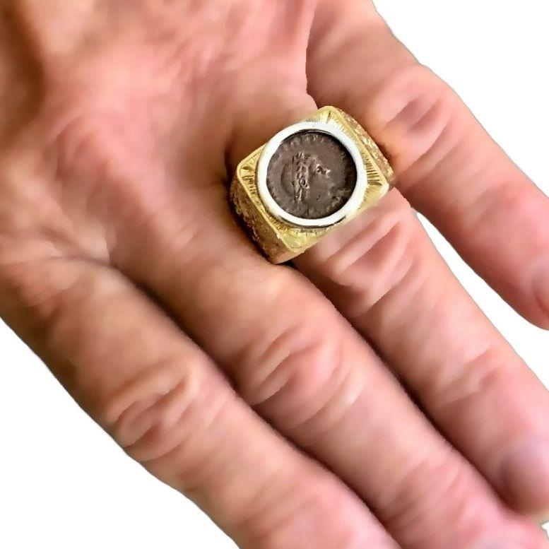 Heavily Hand Engraved 18k Yellow Gold Gents Ancient Coin Ring 1