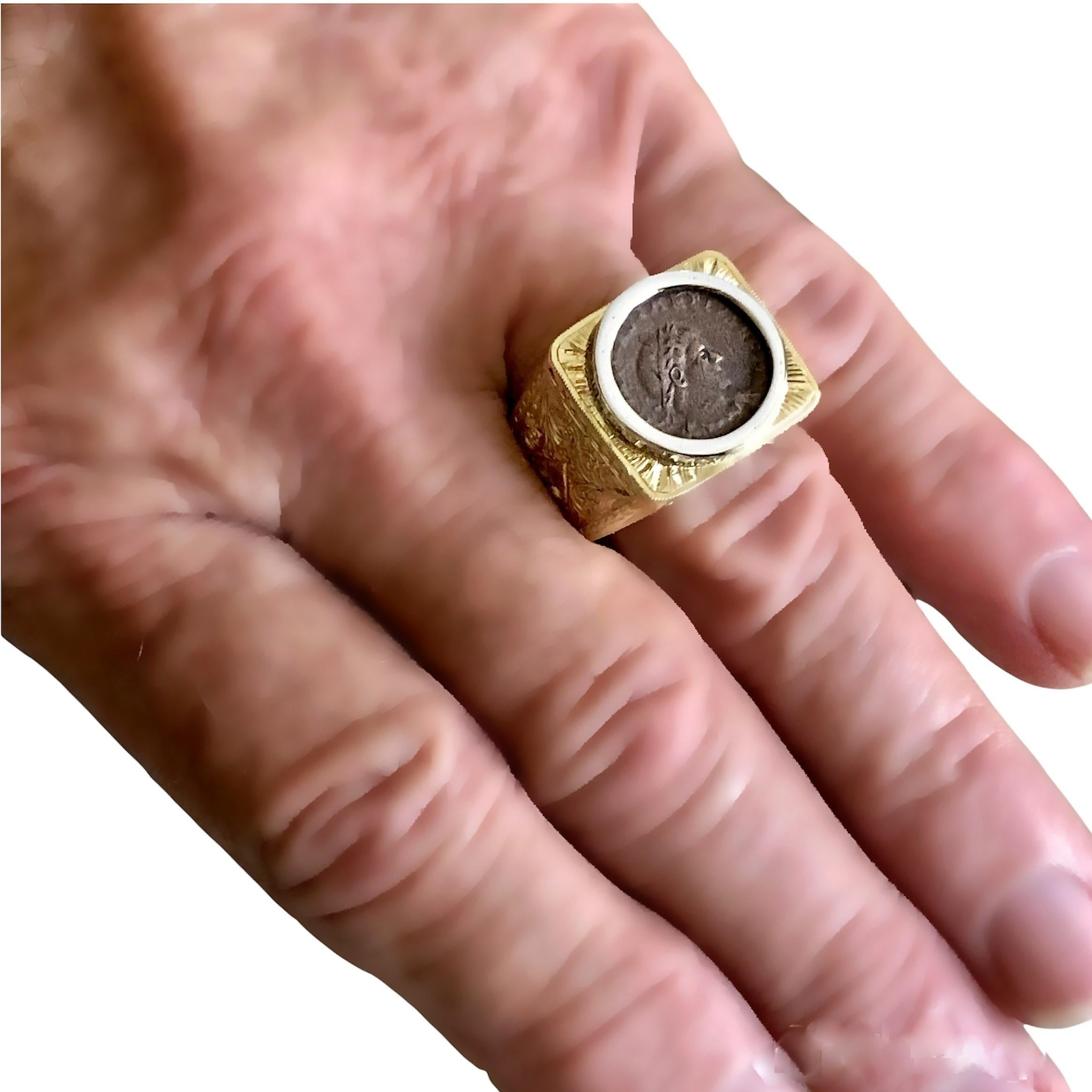 Heavily Hand Engraved 18k Yellow Gold Gents Ancient Coin Ring 2