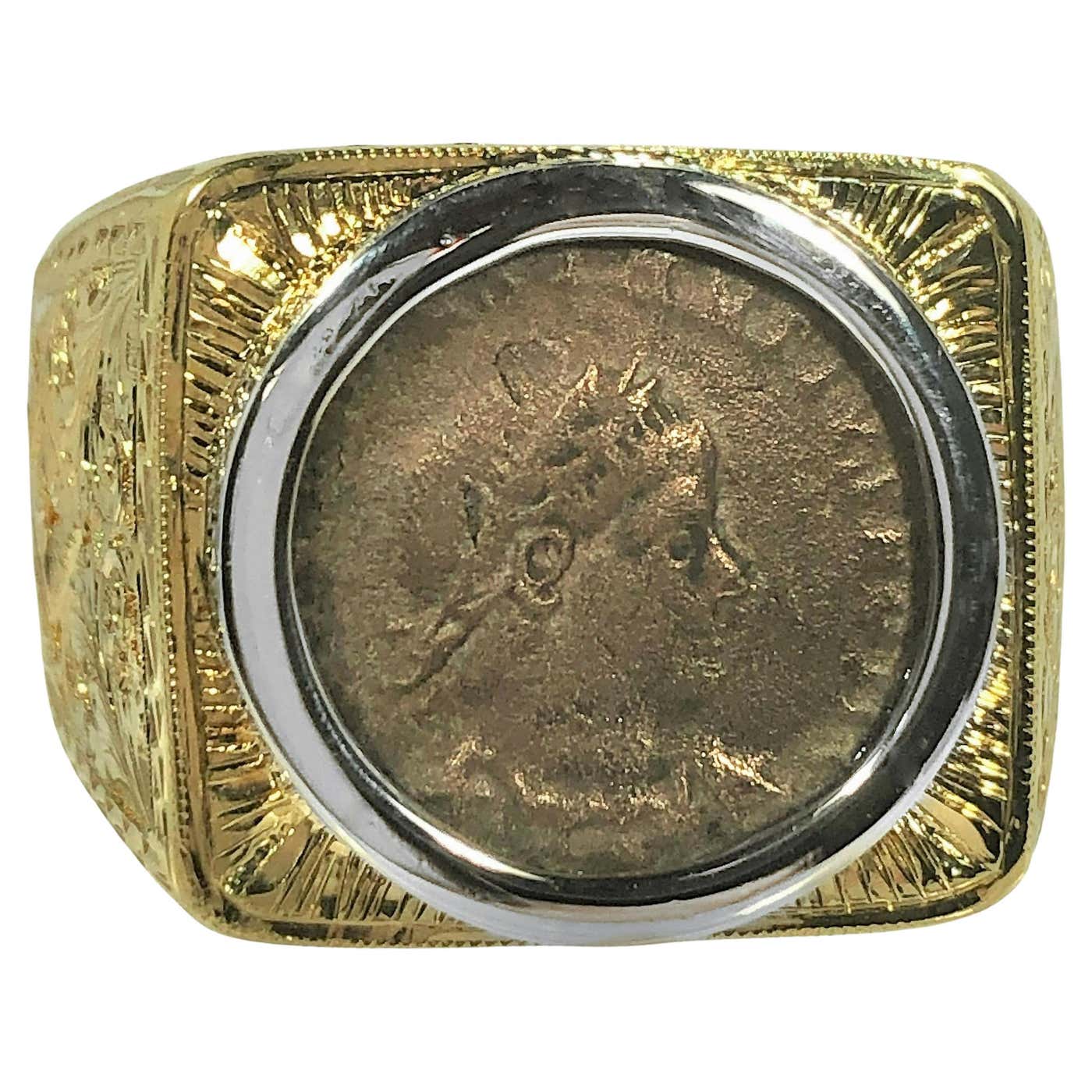 Heavily Hand Engraved 18k Yellow Gold Gents Ancient Coin Ring For Sale ...