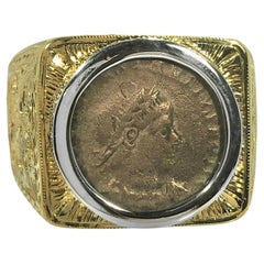 Heavily Hand Engraved 18k Yellow Gold Gents Ancient Coin Ring