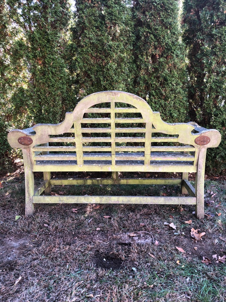 Heavily Lichened English Lutyens Style Bench In Teak For Sale At