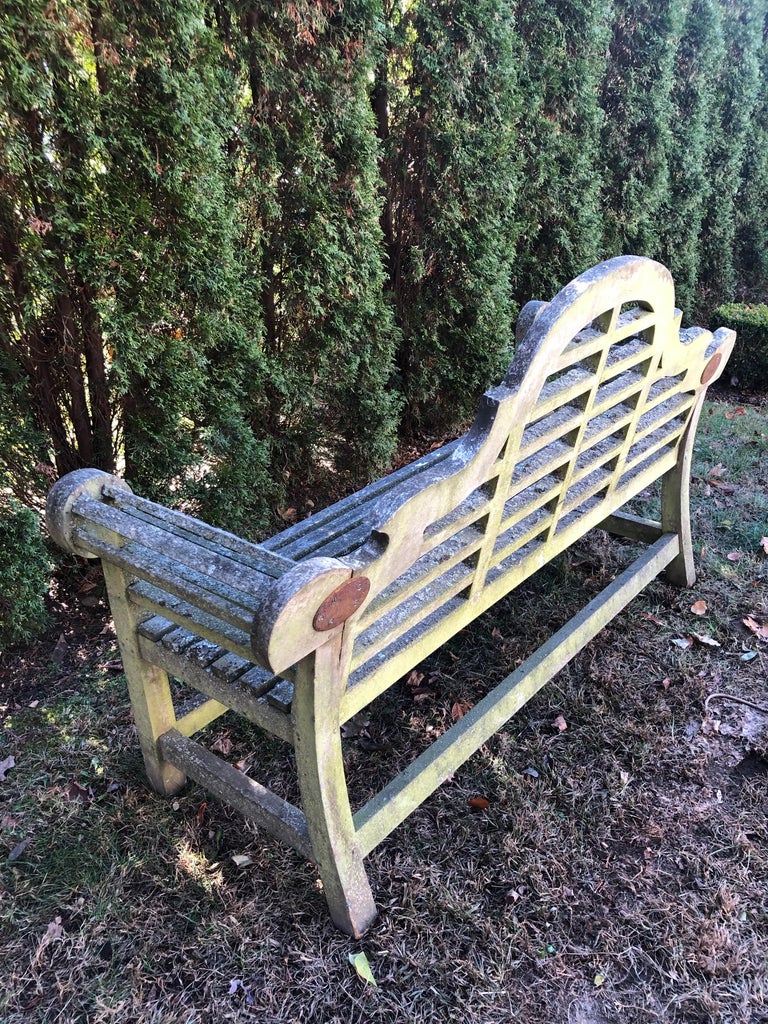 Heavily Lichened English Lutyens Style Bench In Teak For Sale At