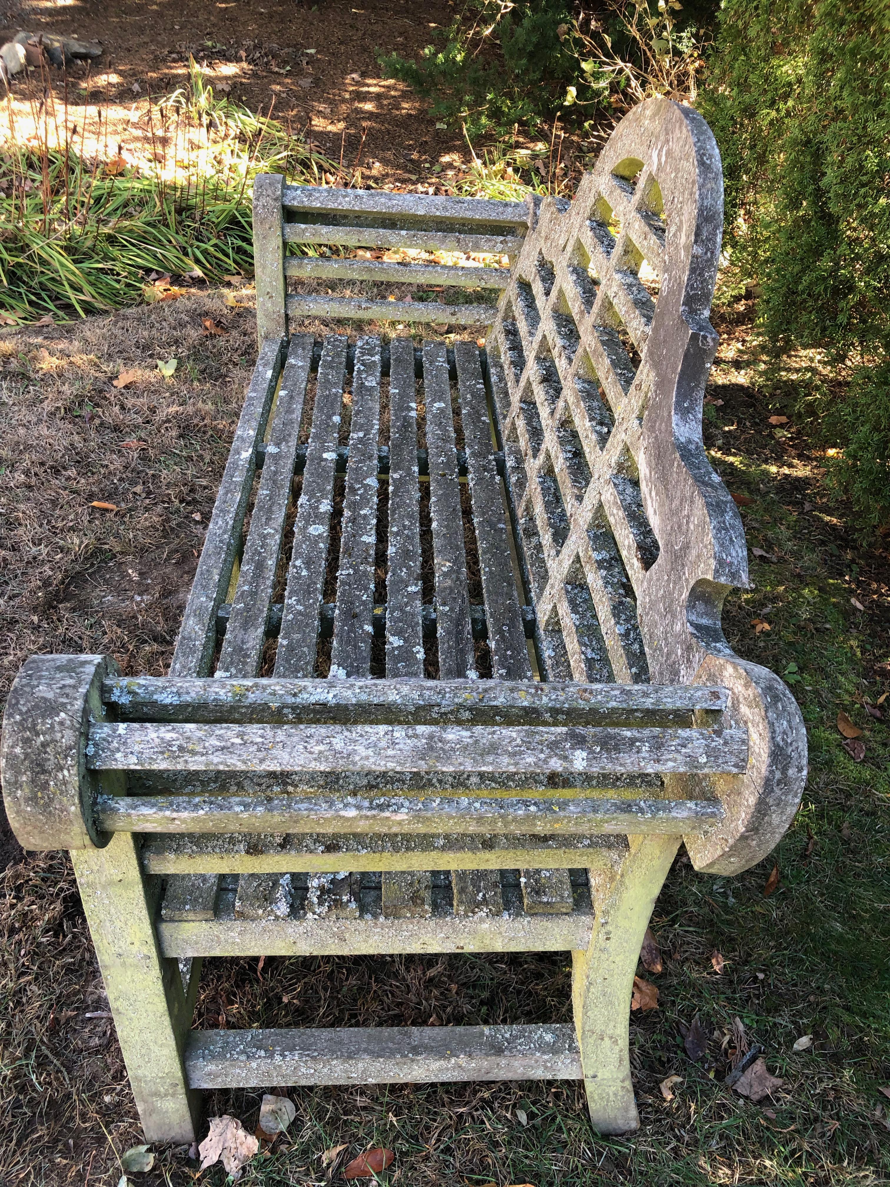 Heavily-Lichened English Lutyens-Style Bench in Teak In Good Condition In Woodbury, CT