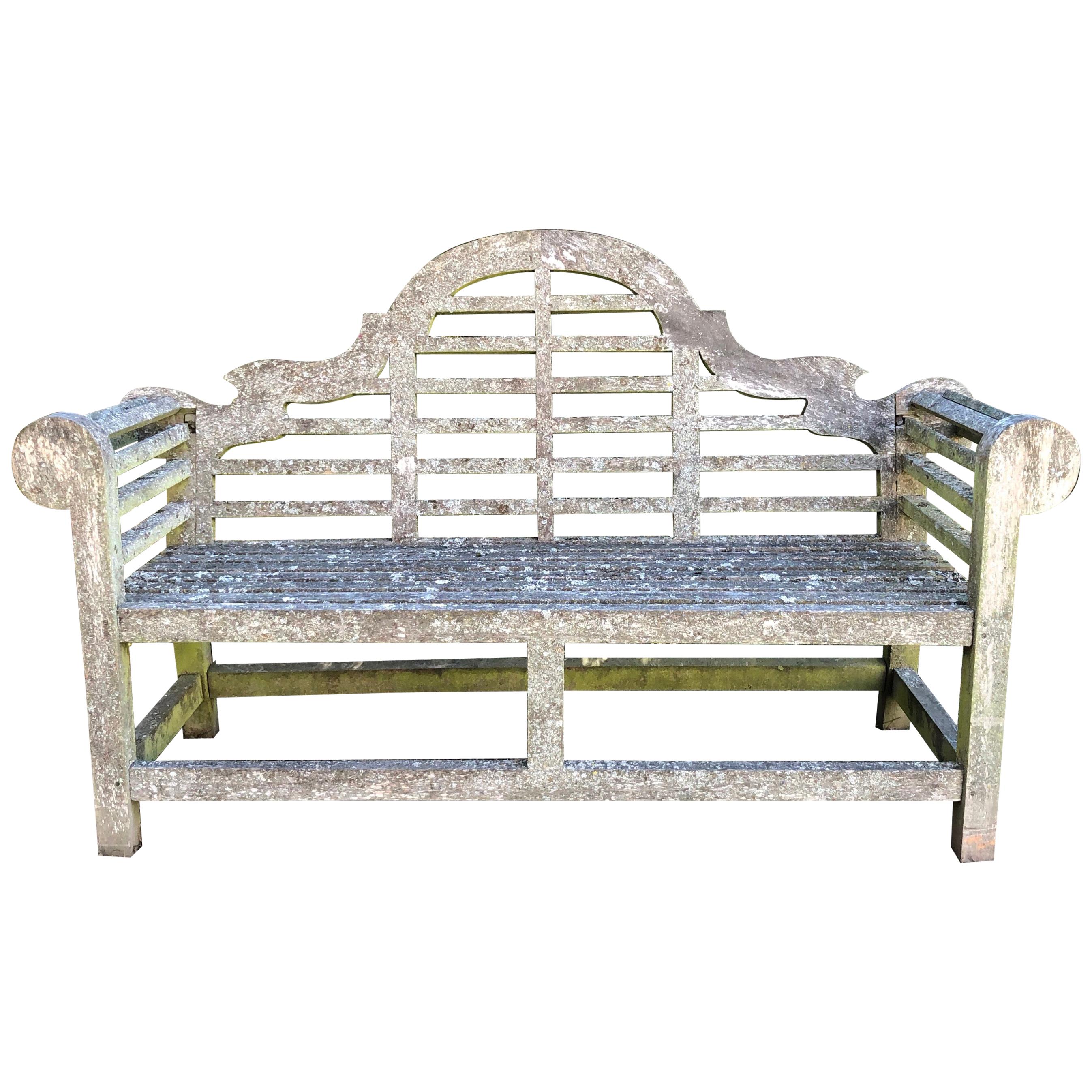 Heavily Lichened English Lutyens Style Bench In Teak For Sale At