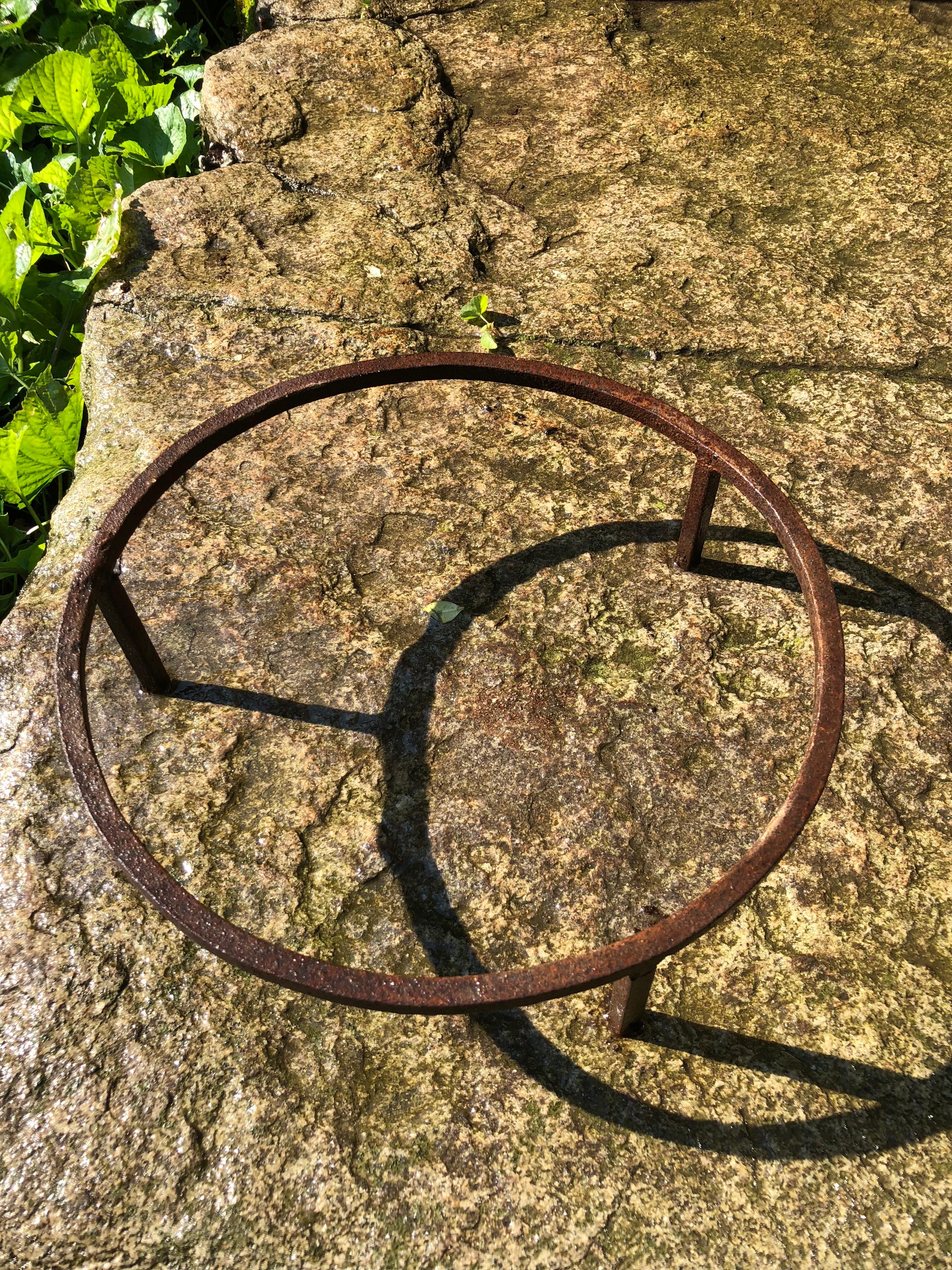 Heavily-Lichened French Cast Stone Pot in Wrought Iron Stand 3