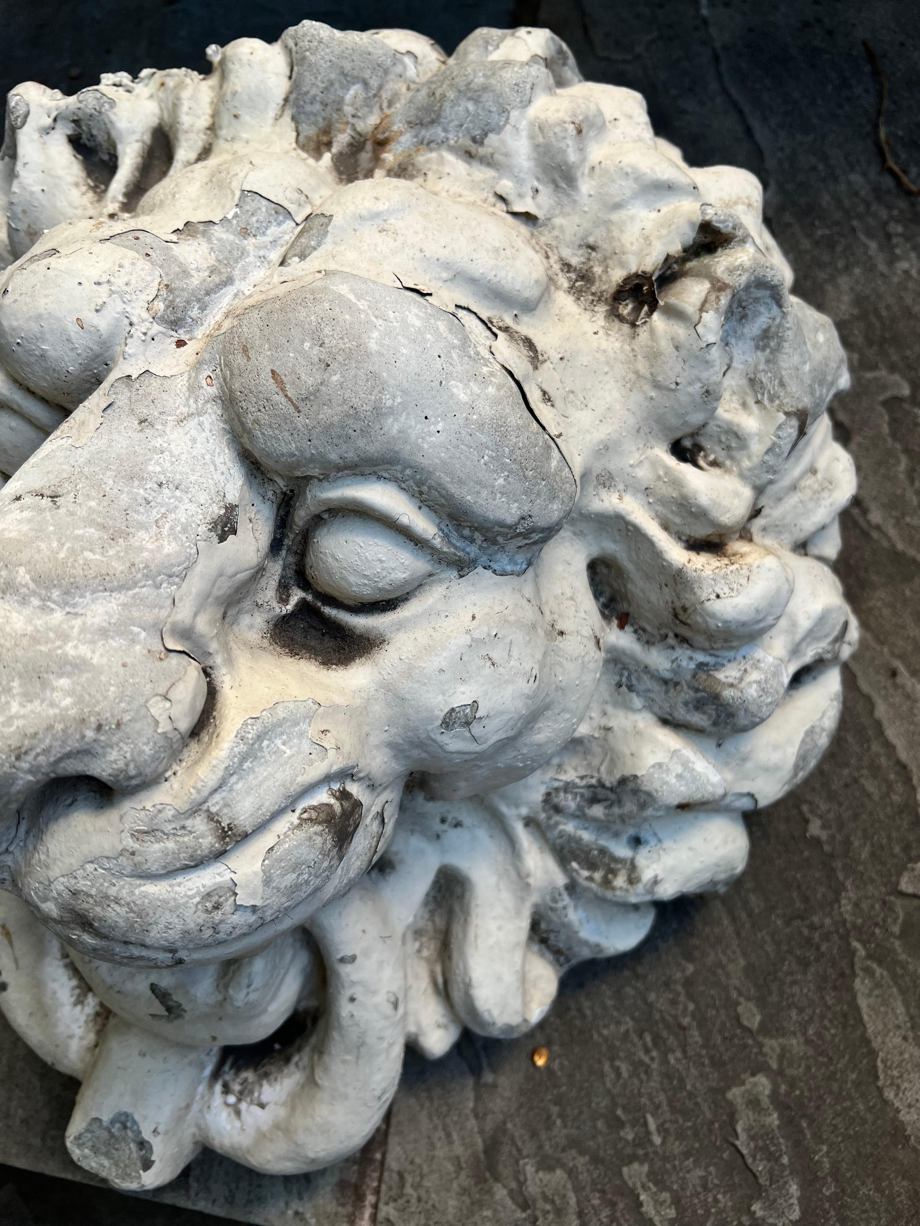 Heavily Patinated Concrete Lion Head Fountain 1